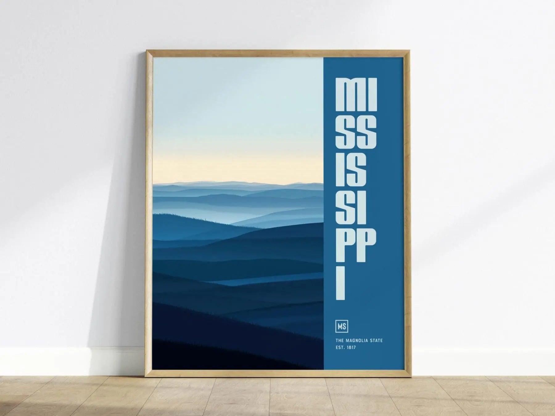 Mississippi, The Magnolia State Poster - Abstract Blue Tones, Available Framed/Unframed, Perfect for Home Decor, Mississippi Wall Decor - Swell Scenes