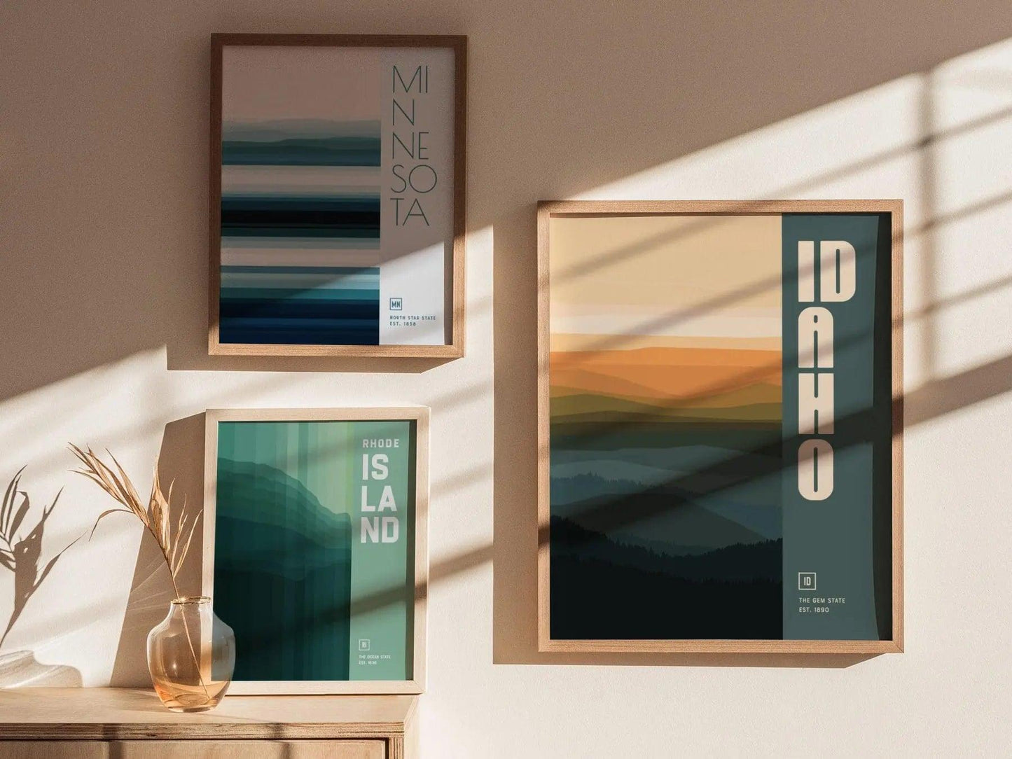 Idaho, The Gem State Abstract Art Poster - Modern Home Decor in Oranges and Blues, Perfect for Minimalist Interiors, Chic Home Decor - Swell Scenes