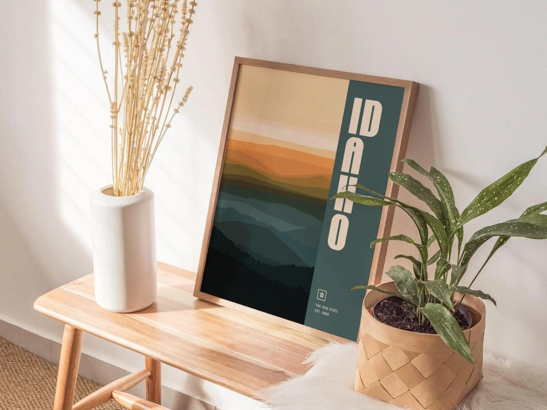 Idaho, The Gem State Abstract Art Poster - Modern Home Decor in Oranges and Blues, Perfect for Minimalist Interiors, Chic Home Decor - Swell Scenes
