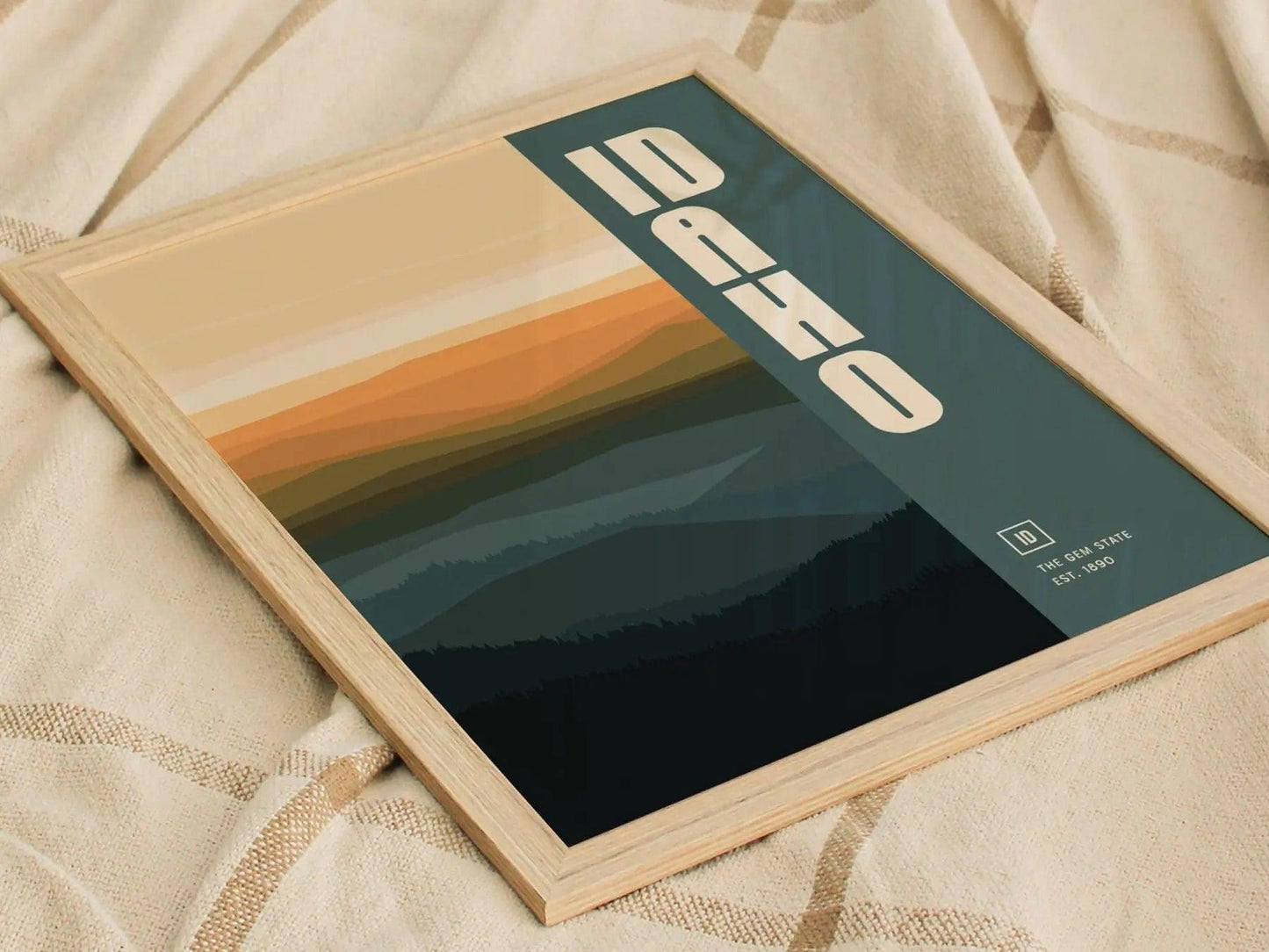 Idaho, The Gem State Abstract Art Poster - Modern Home Decor in Oranges and Blues, Perfect for Minimalist Interiors, Chic Home Decor - Swell Scenes