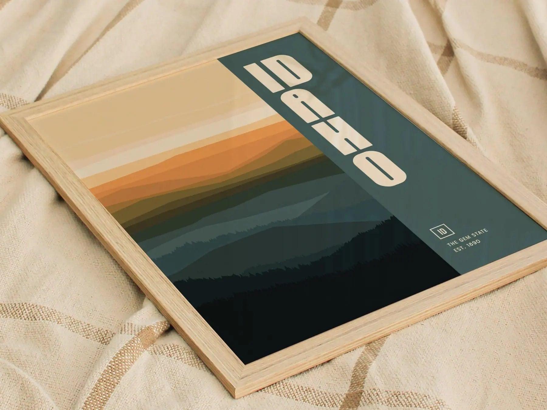 Idaho, The Gem State Abstract Art Poster - Modern Home Decor in Oranges and Blues, Perfect for Minimalist Interiors, Chic Home Decor - Swell Scenes
