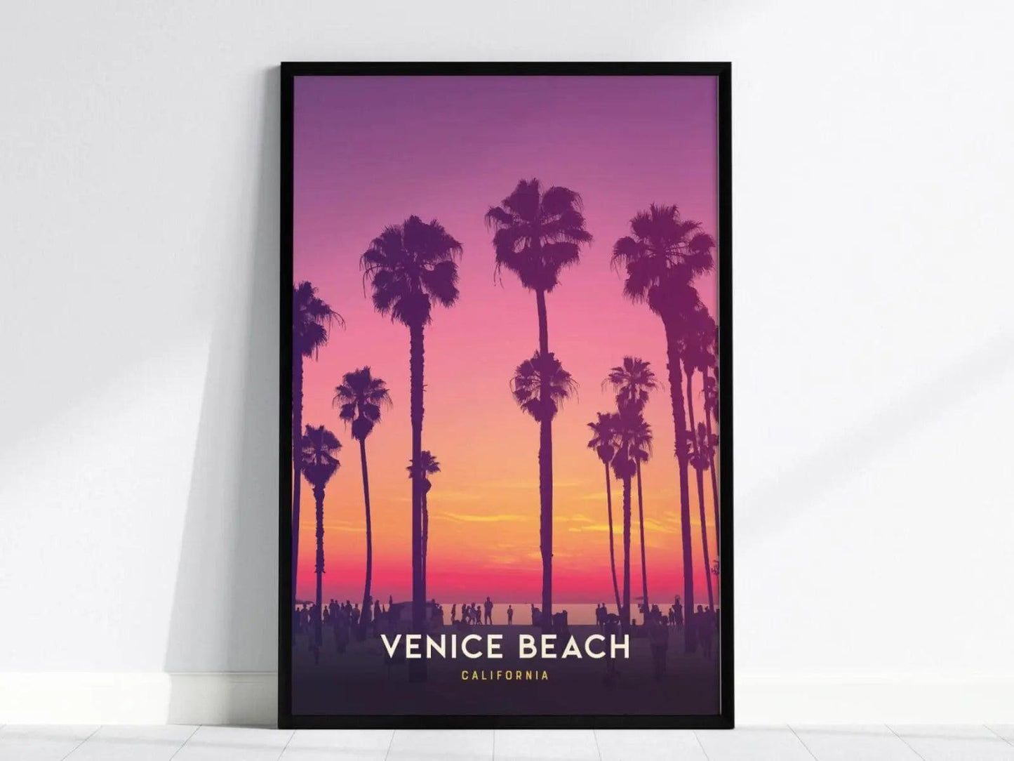 Venice Beach poster in black frame showing California sunset with purple red gold LA Pacific Ocean colors