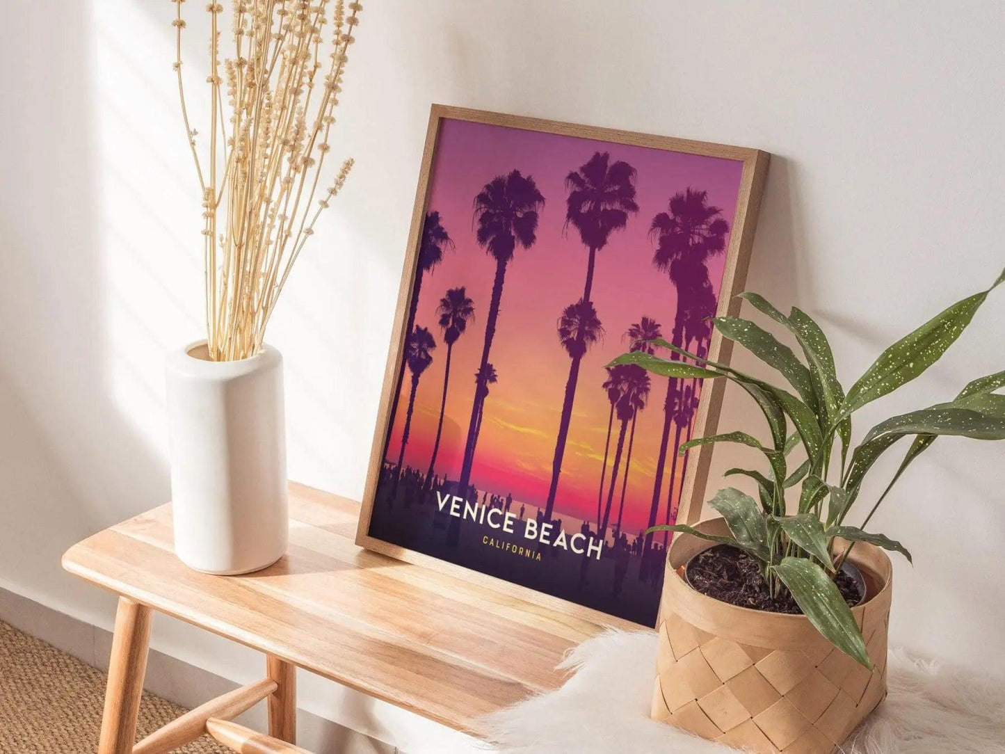 Venice Beach California sunset poster featuring vibrant Pacific colors with LA boardwalk and SoCal coastal art