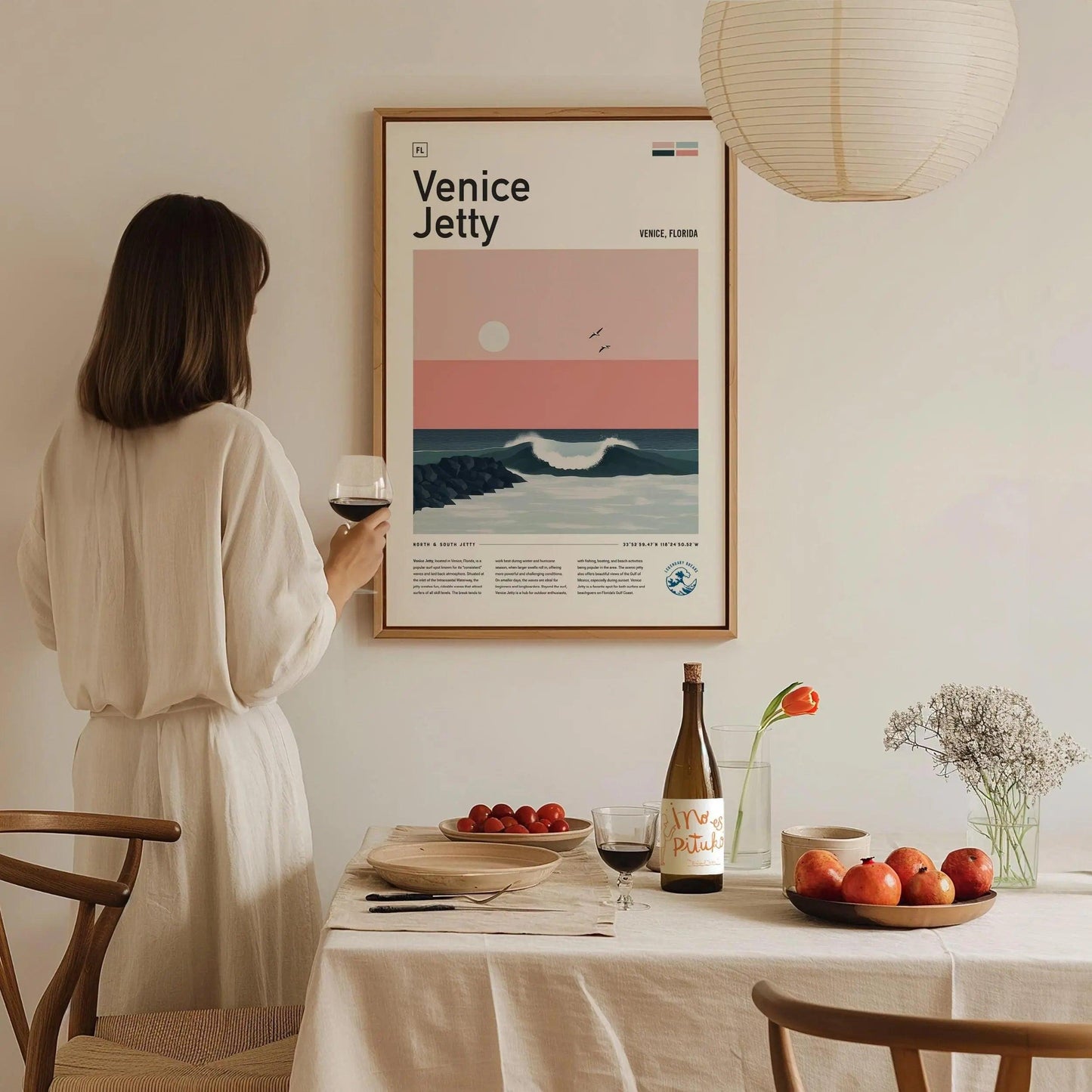 Venice Jetty pastel poster featuring minimalist Florida Gulf Coast surf spot with soft sunset colors and jetty silhouette