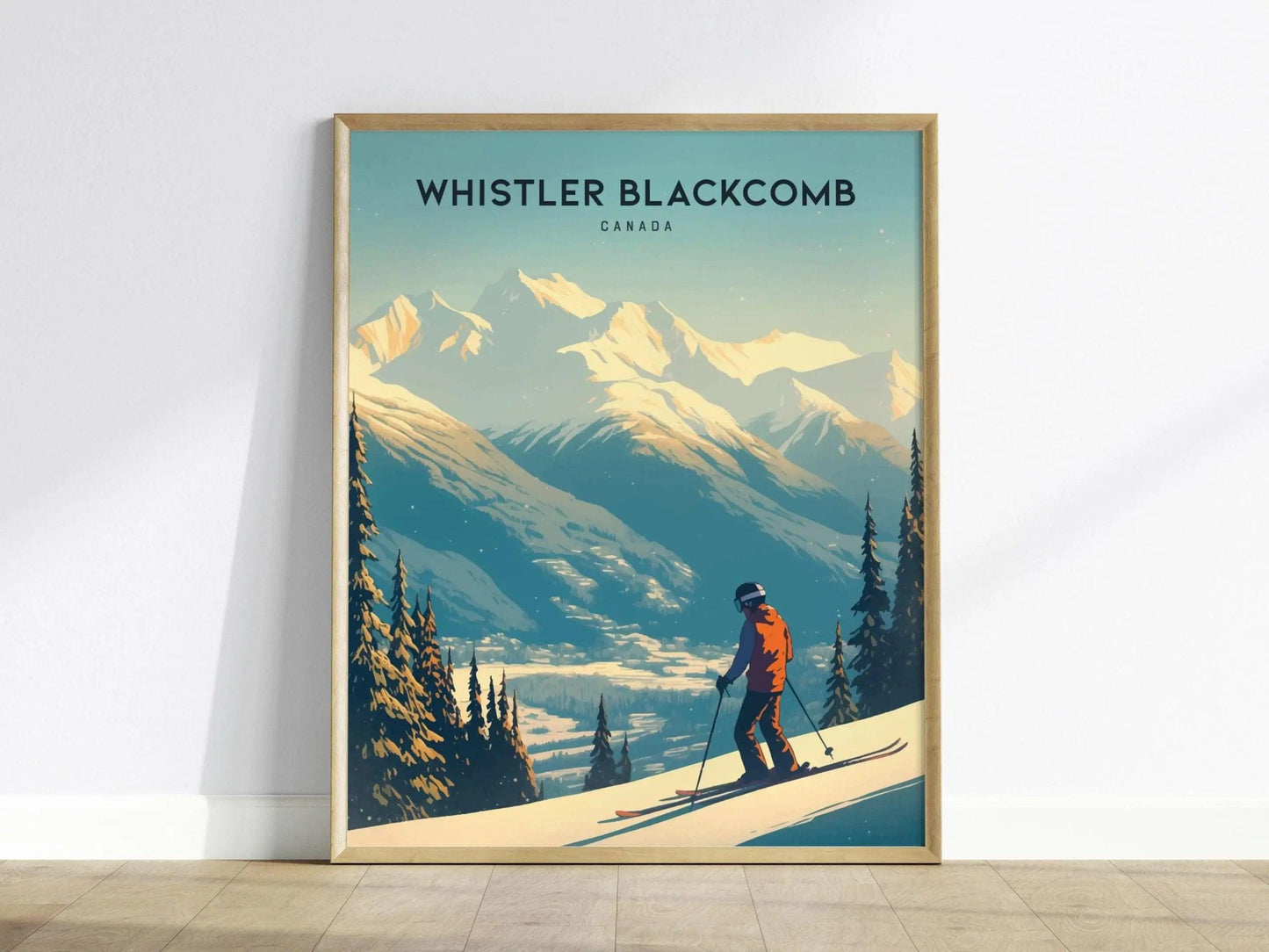 Whistler Blackcomb ski resort poster in black wood frame showing British Columbia alpine peaks and winter terrain
