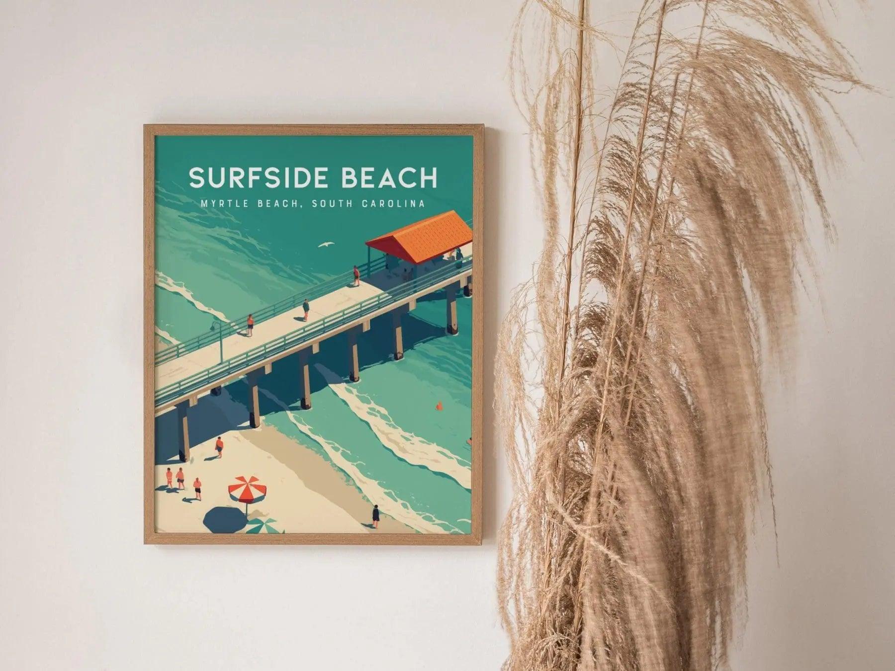 Surfside Pier Myrtle Beach Framed Travel Poster, South Carolina Wall Art Print Poster, Vacation Fishing Grand Strand Cottage Airbnb Decor - Swell Scenes