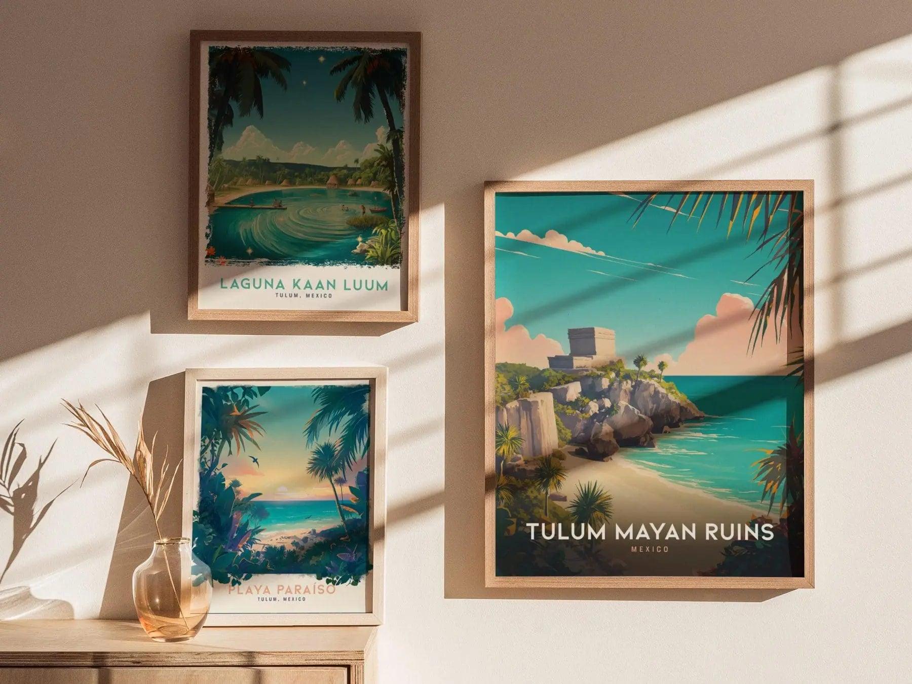 Tulum Mayan ruins art displayed in home with archaeological site El Castillo Mexico Caribbean beach poster