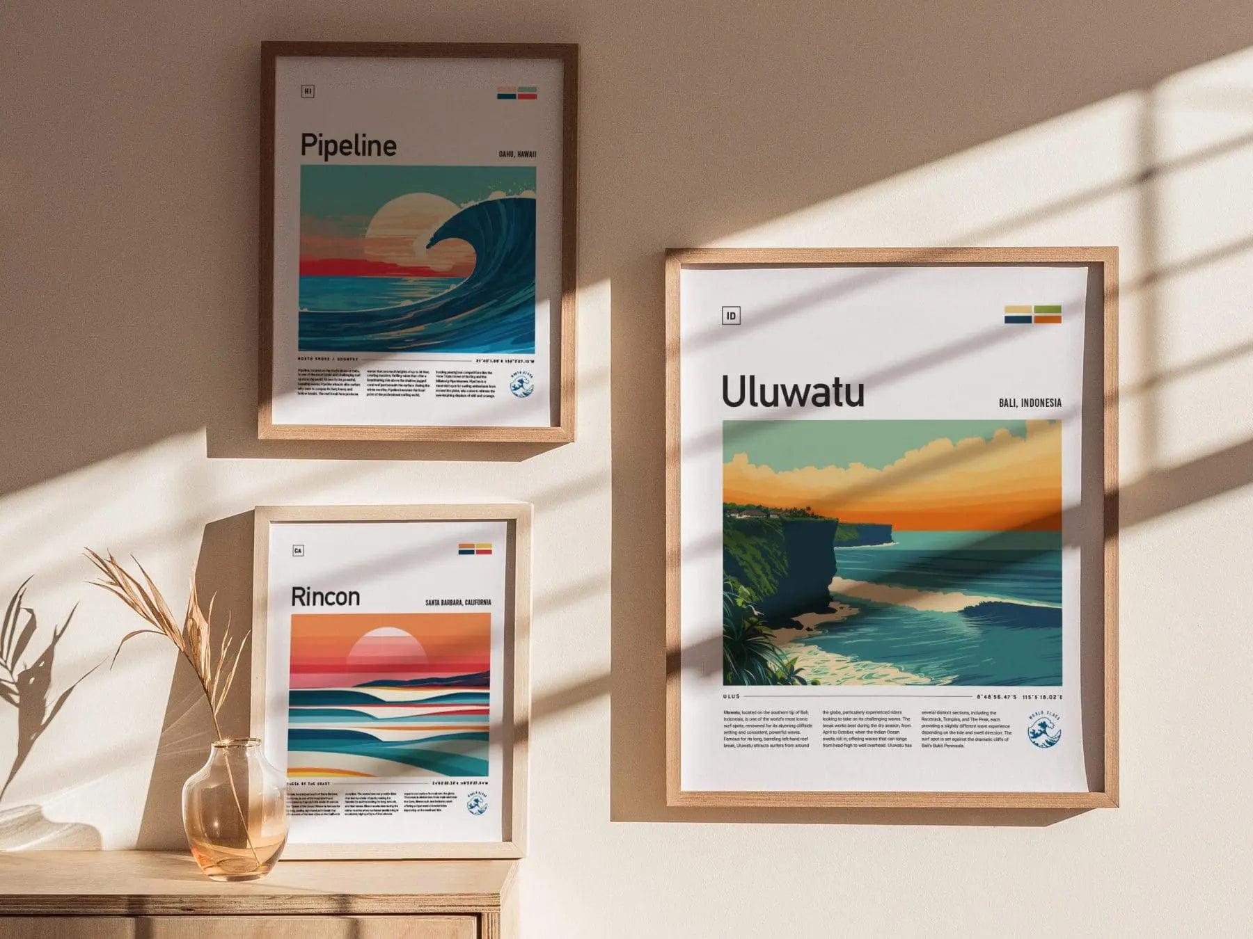 Uluwatu Indonesia surf art displayed in beach house with Bali wave poster and tropical surfing decor