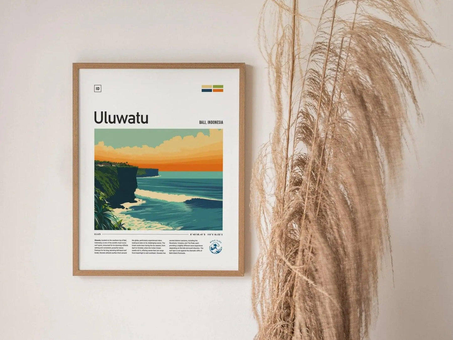 Framed poster of Uluwatu with a scenic view on a wall.