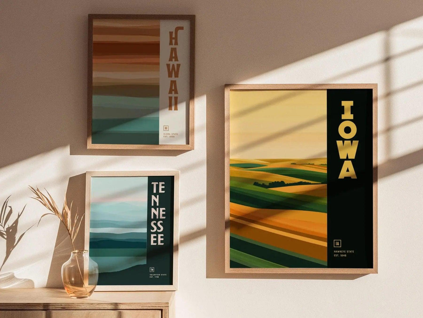 Iowa, The Hawkeye State Poster - Abstract Rolling Hills Landscape, Available Framed/Unframed, Perfect for Home Decor, Great Iowa State Gift - Swell Scenes