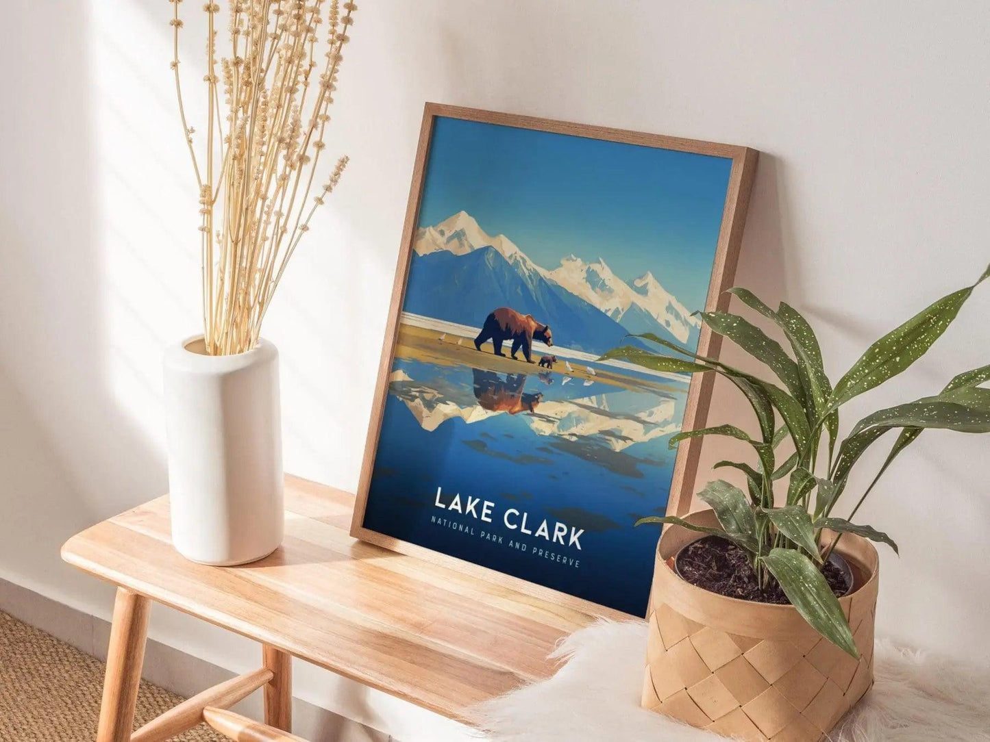 Lake Clark National Park and Preserve, Alaska Poster - Majestic Mountain and Bear View, Available Framed/Unframed, Great National Park Gift - Swell Scenes