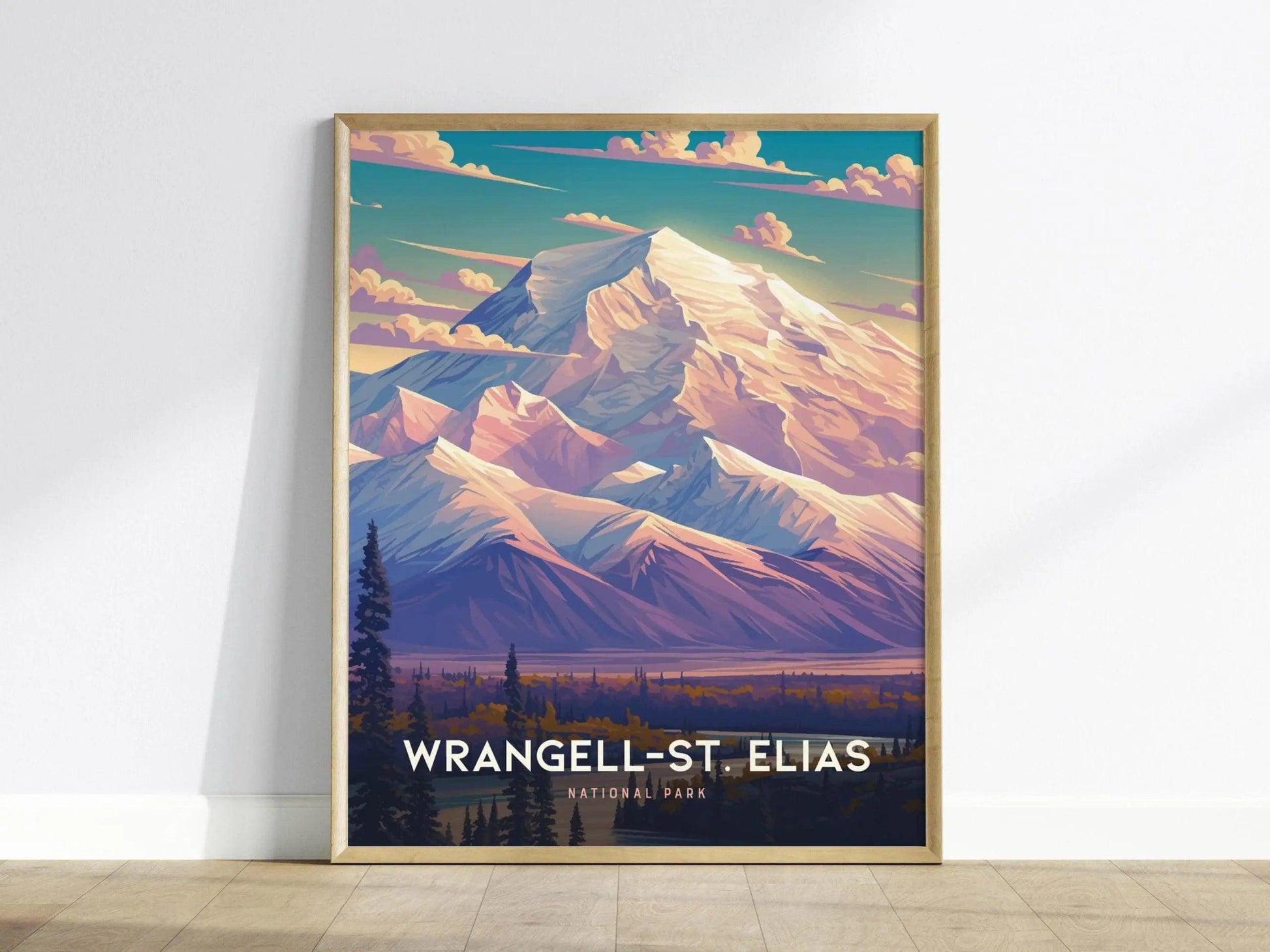 Alaska national park wall art poster displayed in rustic cabin interior with Wrangell-St. Elias mountain scenery