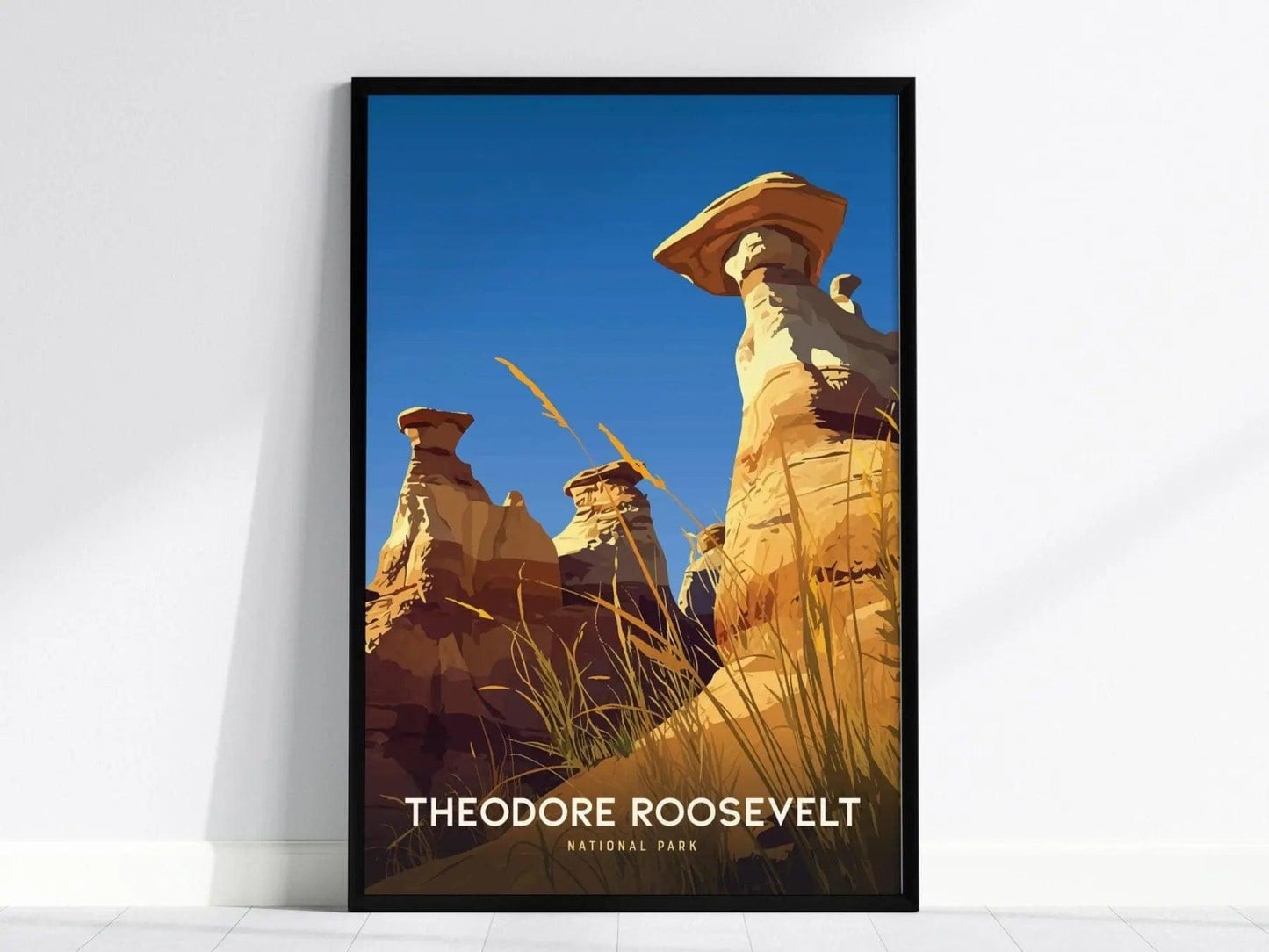 Theodore Roosevelt Park poster in black wood frame showing North Dakota badlands and painted canyon NPS art