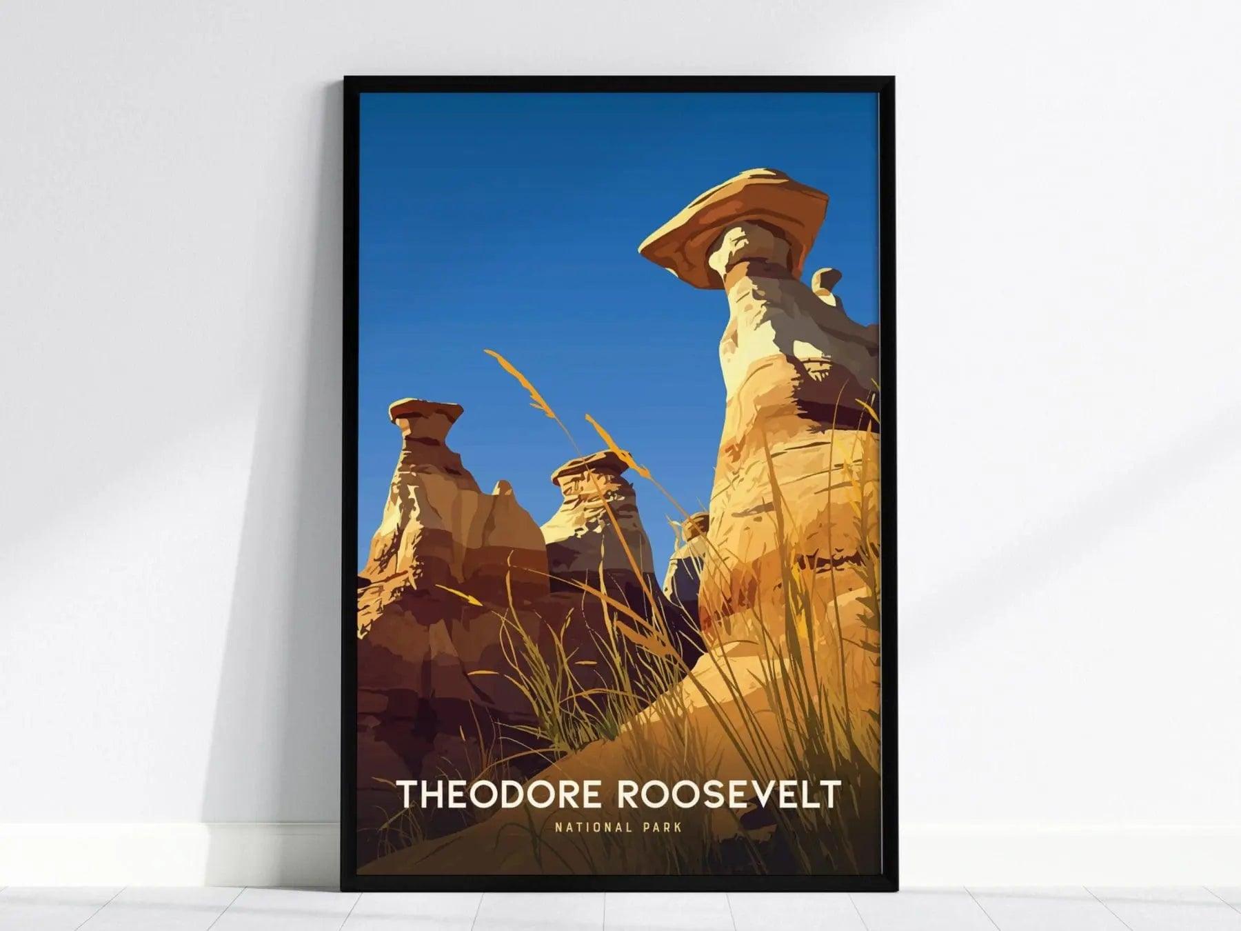 Theodore Roosevelt Park poster in black wood frame showing North Dakota badlands and painted canyon NPS art