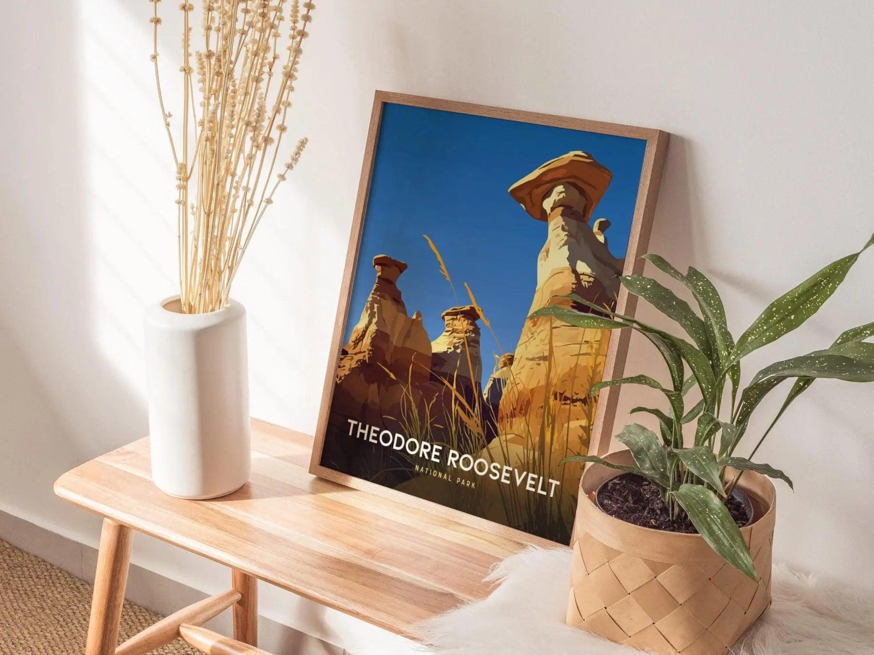 Theodore Roosevelt National Park poster featuring dramatic North Dakota badlands hoodoos and geological formations wall art