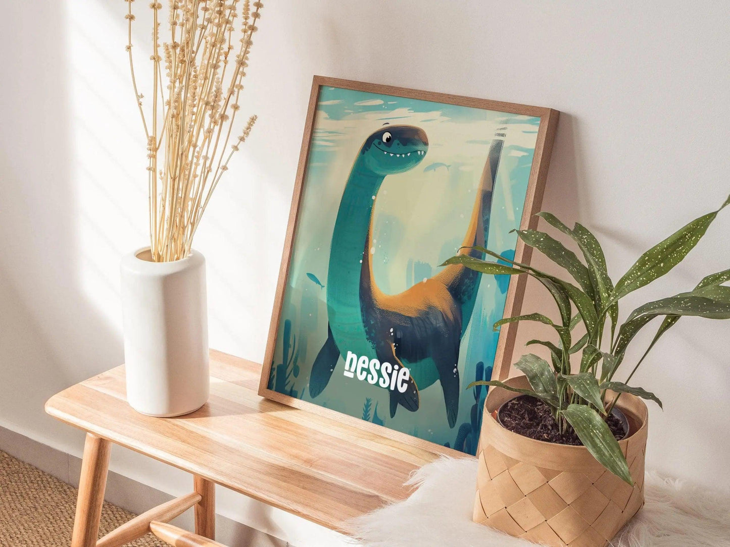 Nessie Cute Cryptids Wall Art Series | Loch Ness Monster Kids Room Framed Poster | Children's Illustration Toddler Boys Bedroom Nursery Print Set - Swell Scenes