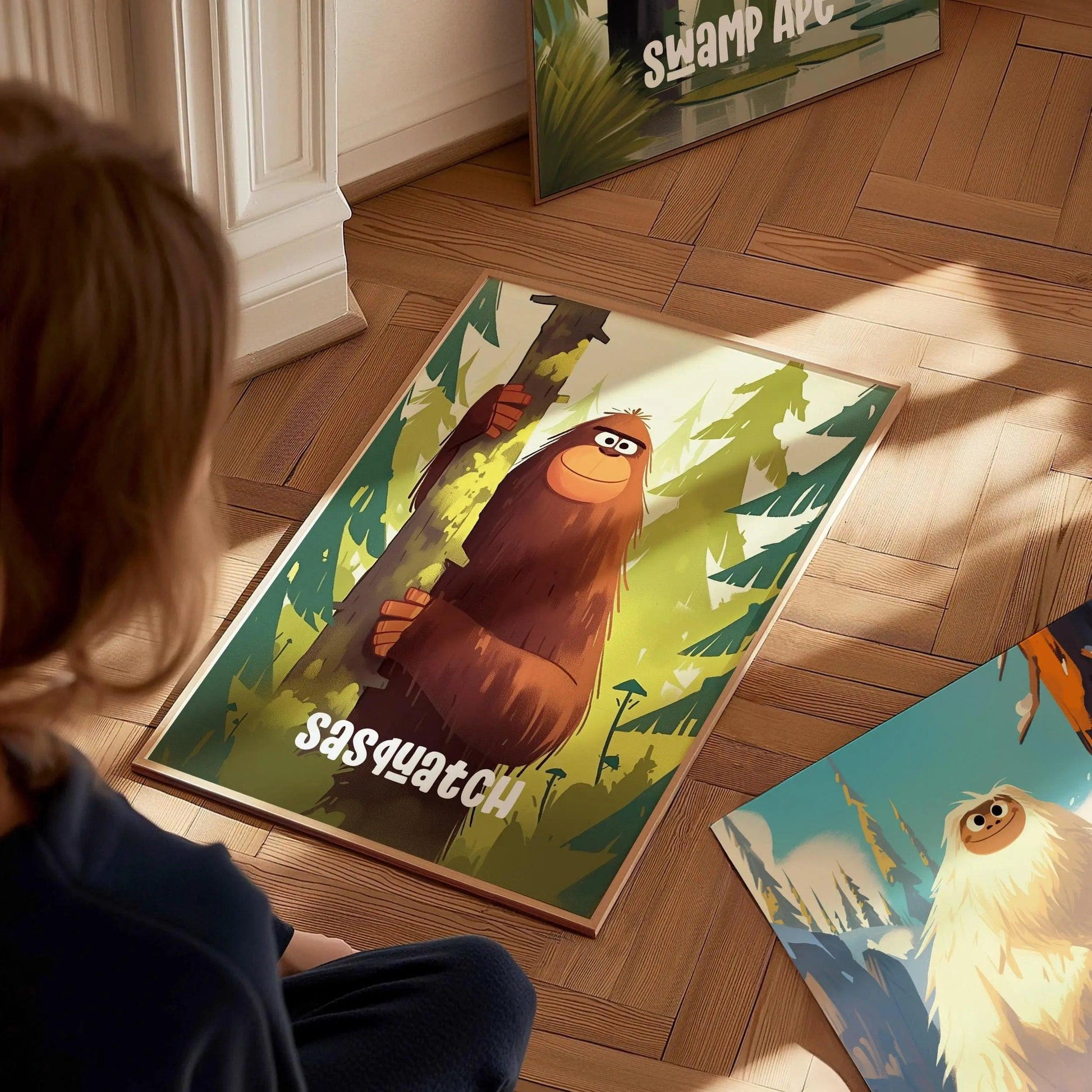 Sasquatch Cute Cryptids Wall Art Series | Bigfoot Kids Room Framed Poster| Children's Illustration Toddler Boys Bedroom Nursery Print - Swell Scenes