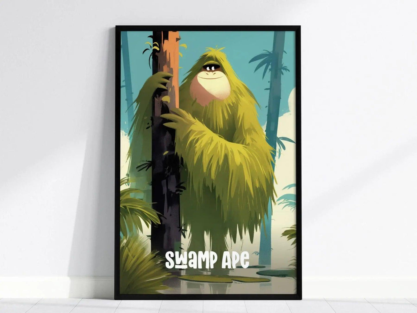 Swamp Ape Cute Cryptids Wall Art Series | Florida Bigfoot Kids Room Framed Poster | Children's Illustration Toddler Boys Bedroom Nursery Print - Swell Scenes