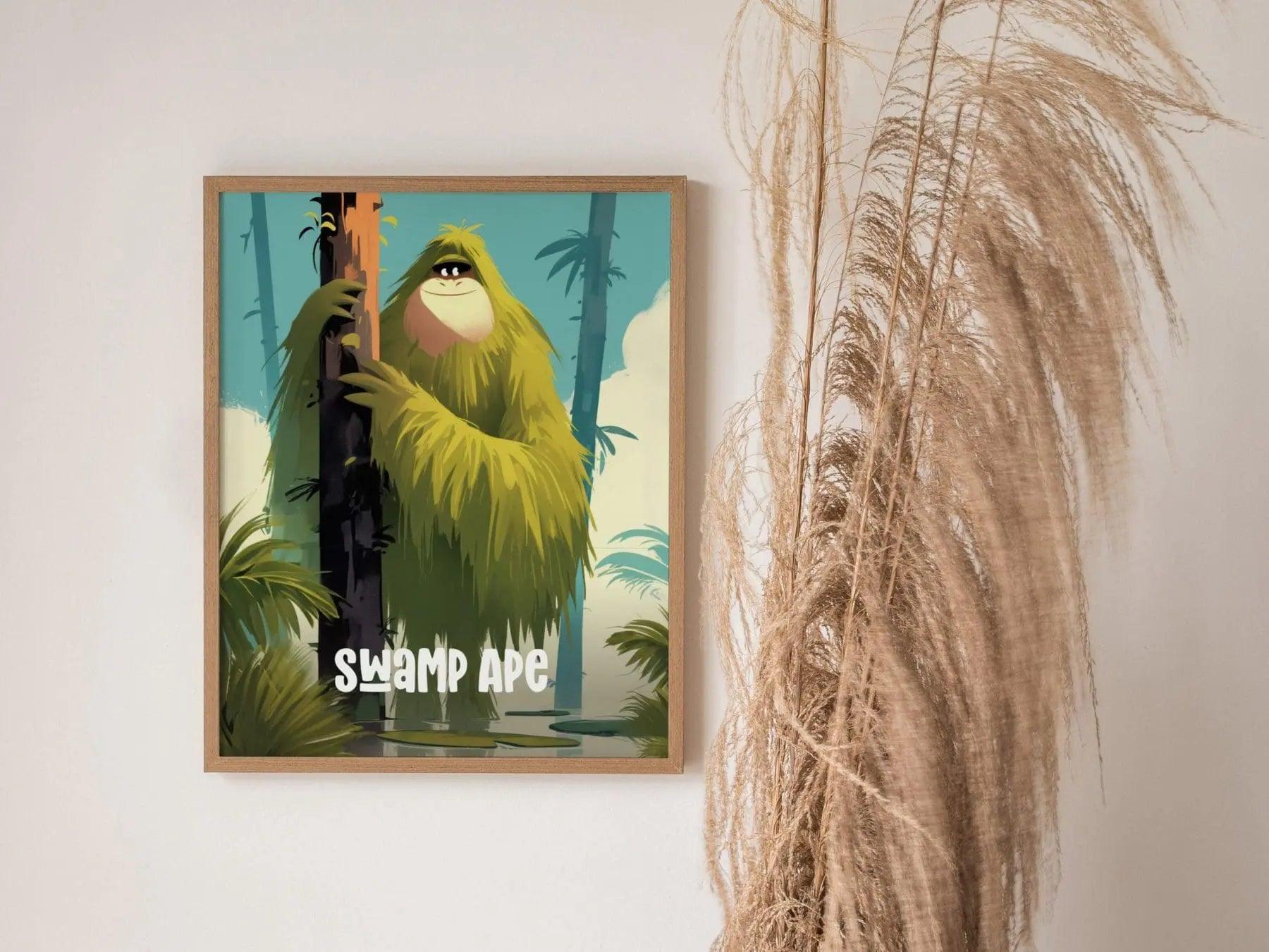 Swamp Ape Cute Cryptids Wall Art Series | Florida Bigfoot Kids Room Framed Poster | Children's Illustration Toddler Boys Bedroom Nursery Print - Swell Scenes
