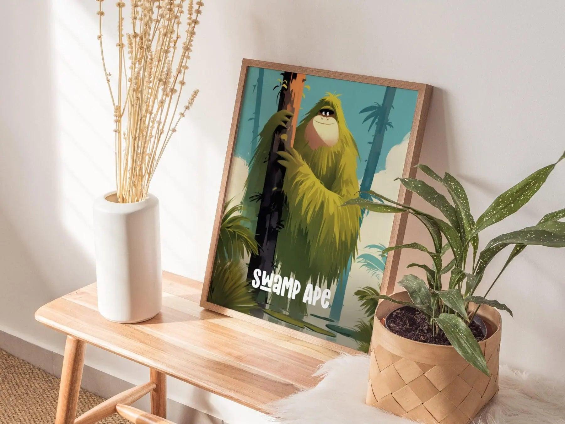 Swamp Ape Cute Cryptids Wall Art Series | Florida Bigfoot Kids Room Framed Poster | Children's Illustration Toddler Boys Bedroom Nursery Print - Swell Scenes