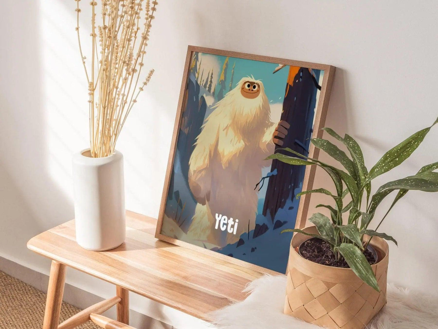 Adorable kids wall art with pastel colors and smiling mythical snow creature