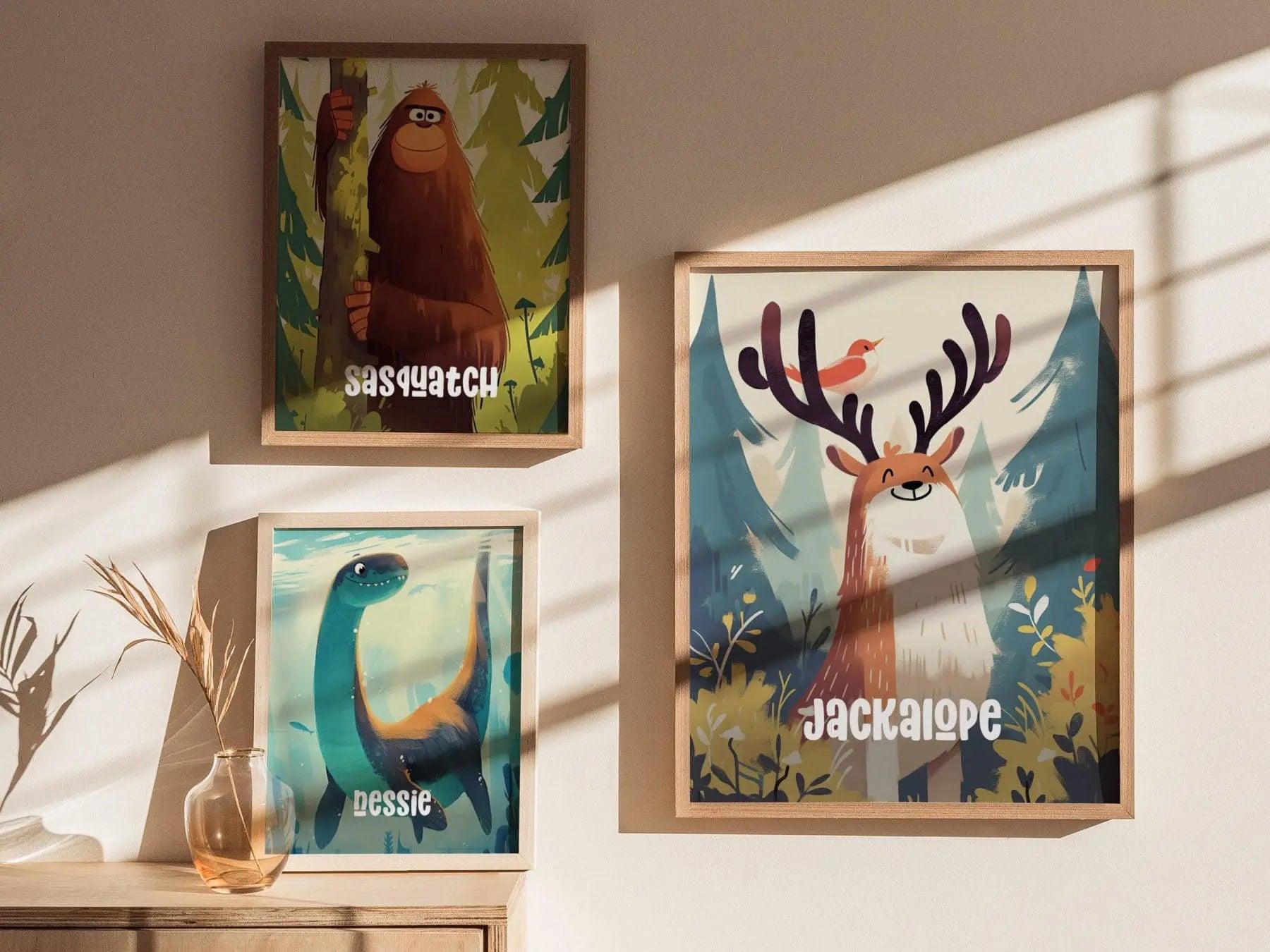 Jackalope Cute Cryptids Wall Art Series | Fantasy Kids Room Framed Poster | Toddler Boys Bedroom Child's Nursery Print | Woodland Myth Lore Cryptozoology Set - Swell Scenes
