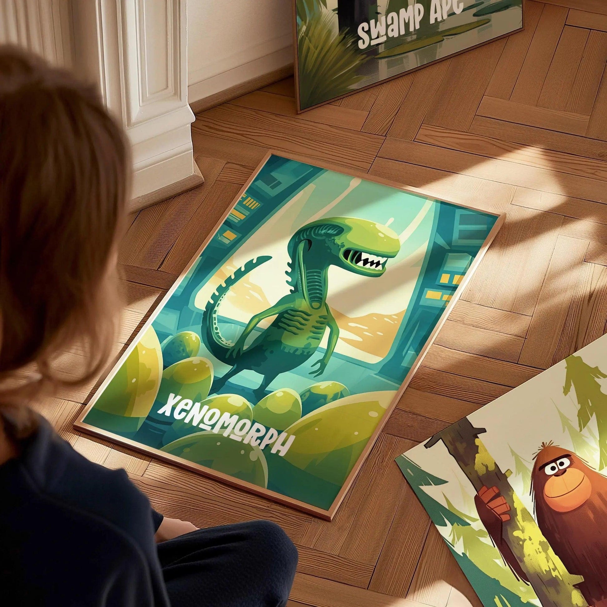 Child looking at a colorful rug with a xenomorph design on a wooden floor.