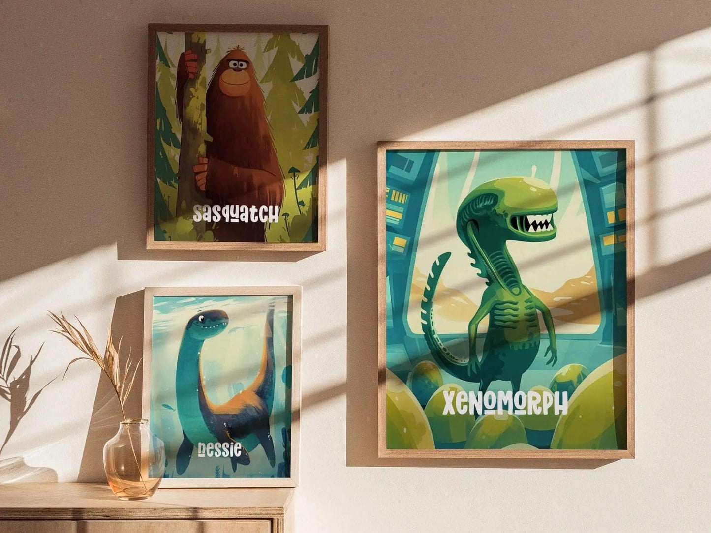 Kids room alien wall art poster with vibrant colors and cartoonish sci-fi character design detail