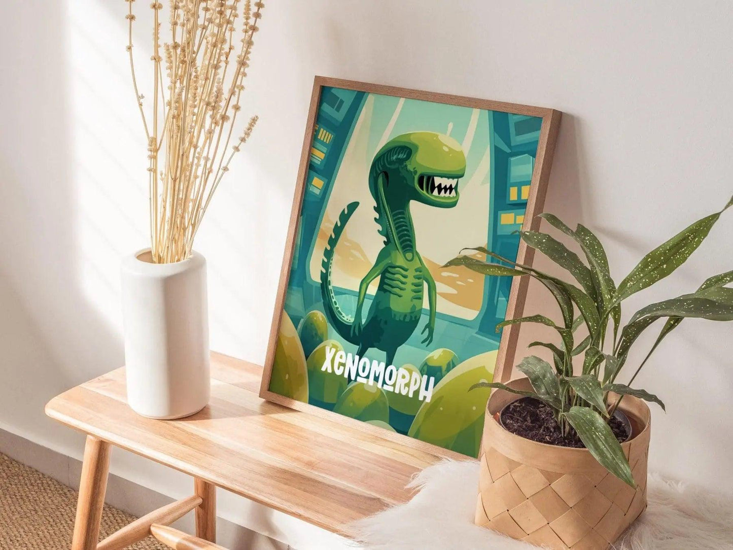 Xenomorph Cute Cryptids Series poster displayed in wood frame showing whimsical alien nursery decor