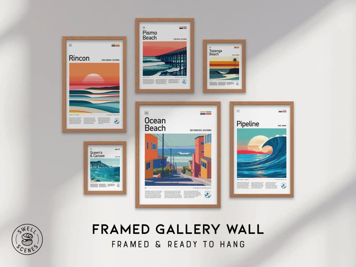 Surf Spot Art Gallery Wall FRAMED or UNFRAMED Pick 6 Iconic Wave Travel Poster Set Surfer Gift Surfing Beach Series | Swell Scenes | S6-1 - Swell Scenes