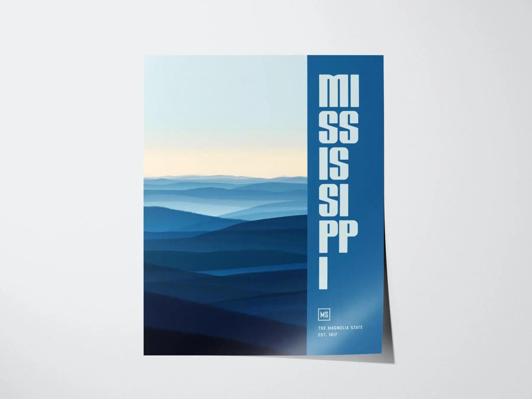 Mississippi, The Magnolia State Poster - Abstract Blue Tones, Available Framed/Unframed, Perfect for Home Decor, Mississippi Wall Decor - Swell Scenes