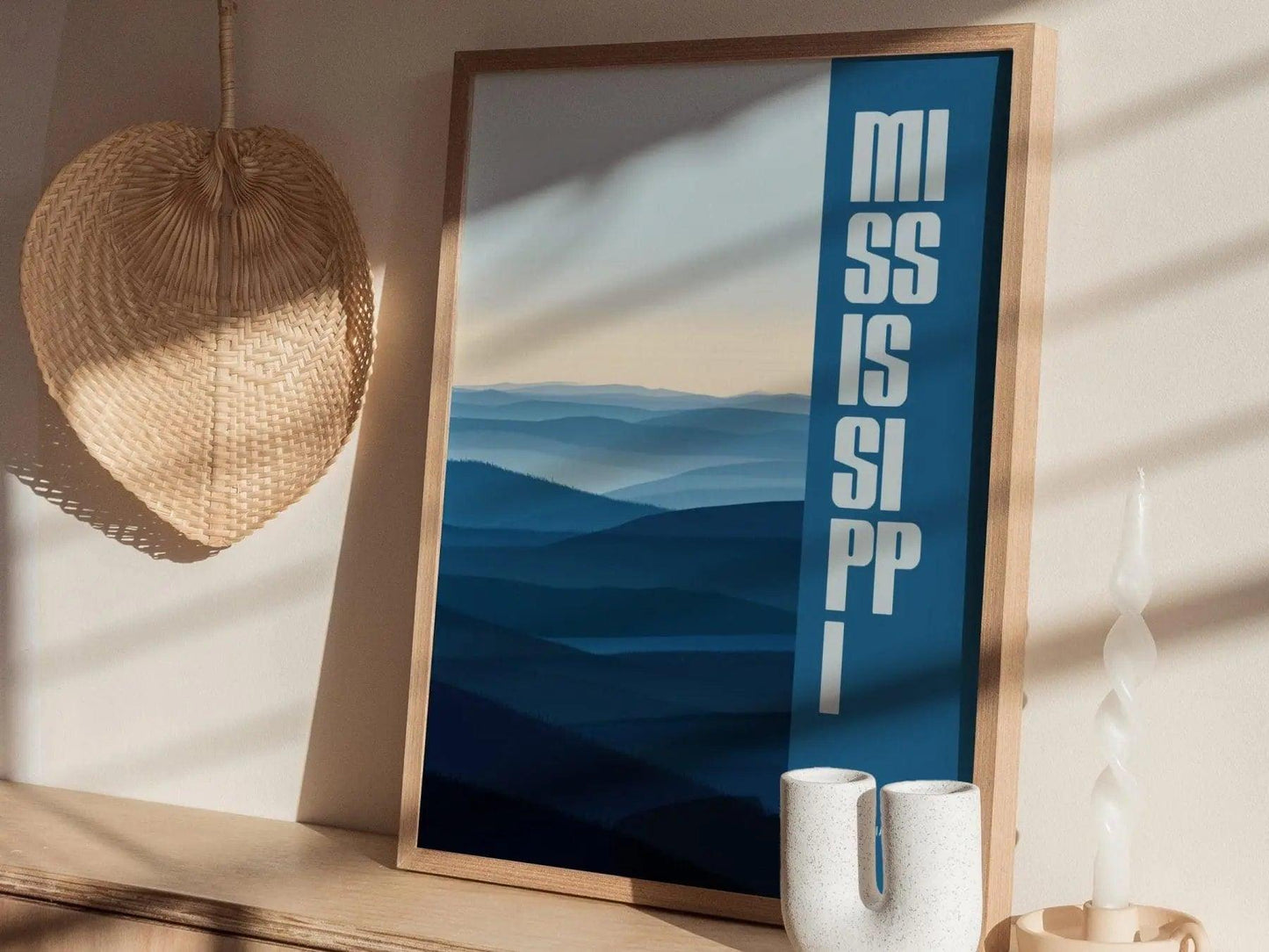 Mississippi, The Magnolia State Poster - Abstract Blue Tones, Available Framed/Unframed, Perfect for Home Decor, Mississippi Wall Decor - Swell Scenes