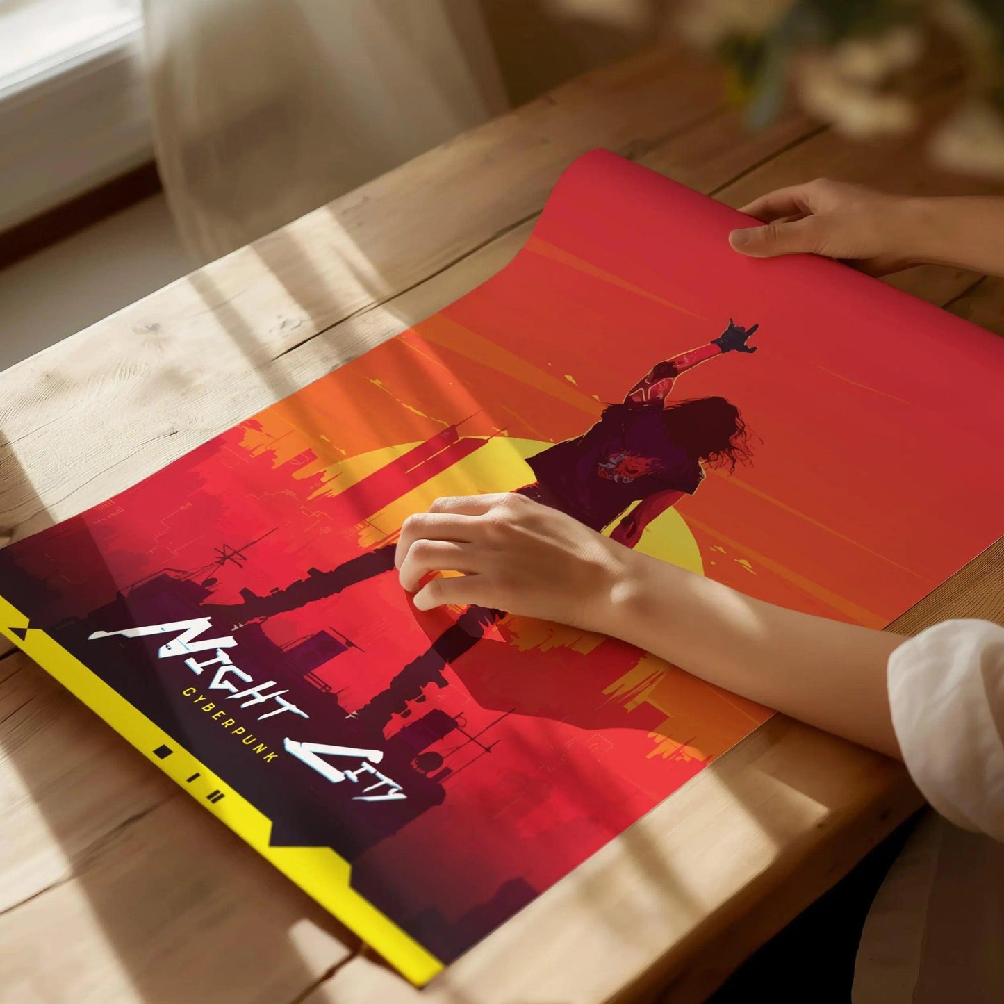 Night City, Cyberpunk Poster – Johnny Silverhand Stands in front of Night City, Futuristic Cityscape Art, Perfect Gift for Cyberpunk Gamers - Swell Scenes