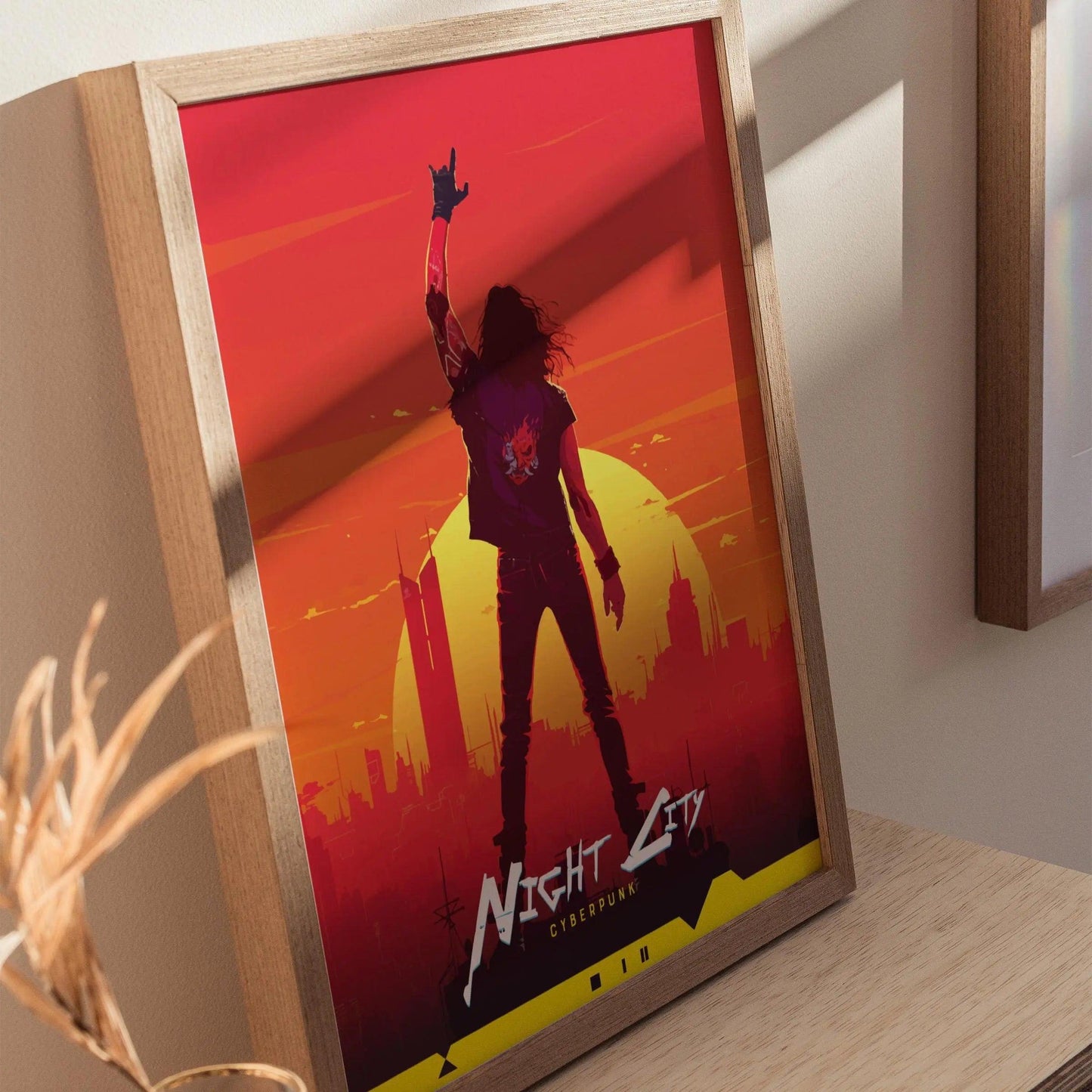 Night City, Cyberpunk Poster – Johnny Silverhand Stands in front of Night City, Futuristic Cityscape Art, Perfect Gift for Cyberpunk Gamers - Swell Scenes