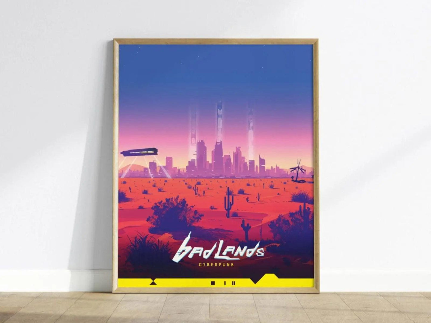 Badlands, Cyberpunk Poster – Vast Desert Landscape with Night City in the Distance, Perfect Decor for Cyberpunk Gamers, Gamer Decor Gift - Swell Scenes