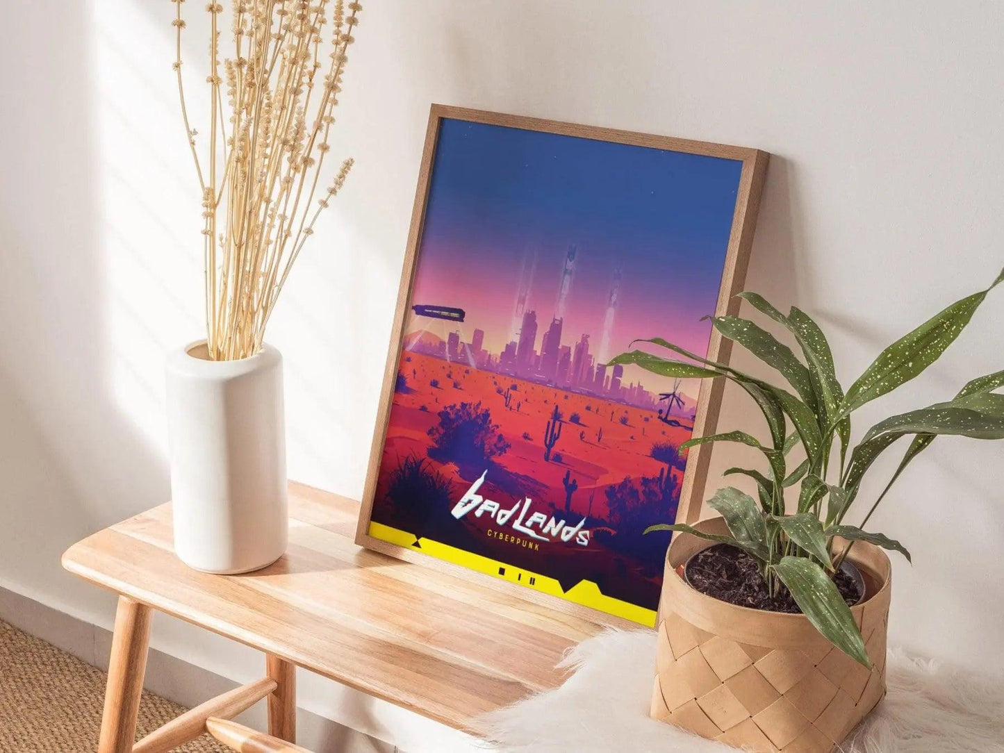 Badlands, Cyberpunk Poster – Vast Desert Landscape with Night City in the Distance, Perfect Decor for Cyberpunk Gamers, Gamer Decor Gift - Swell Scenes