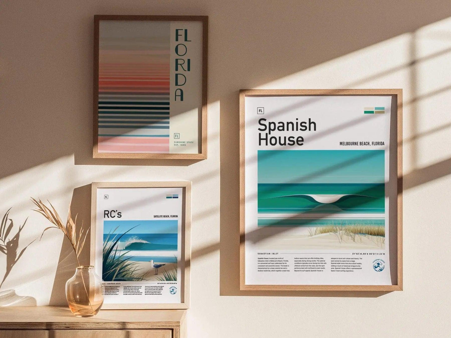 Spanish House Florida Surf Spot Framed Poster | Melbourne Beach Sebastian Inlet FL Wave Travel Print | Surfing Wall Art Modern Decor | Minimalist Design Surfer Gift - Swell Scenes