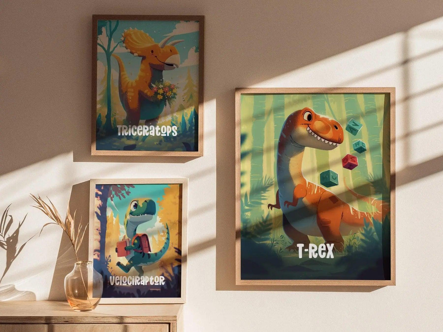 Adventure Dinos T-Rex wall art displayed in children's room with dinosaur theme nursery decor and toy blocks