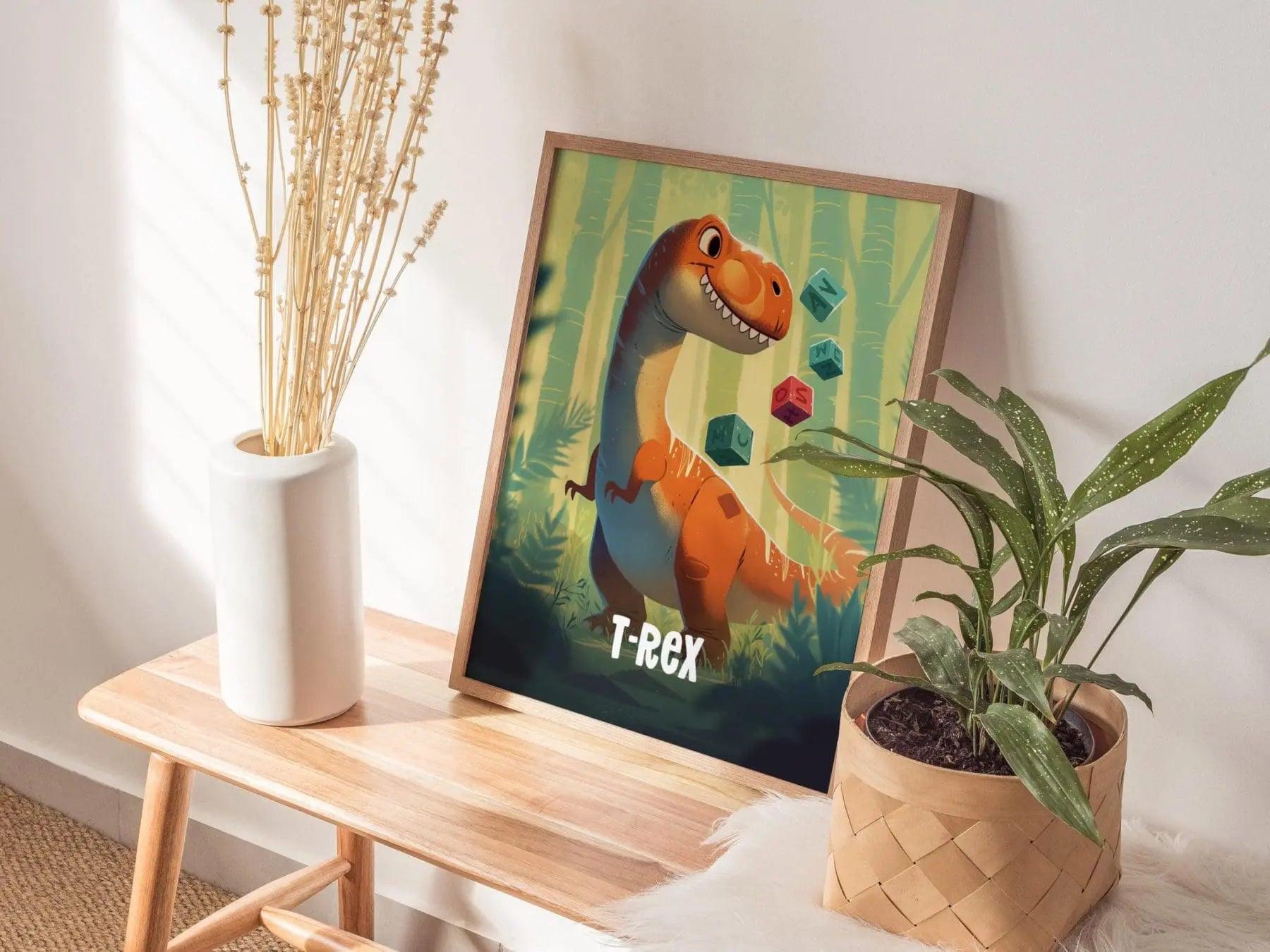 T-Rex Adventure Dinos poster featuring friendly tyrannosaurus rex playing with toy blocks for kids nursery wall art