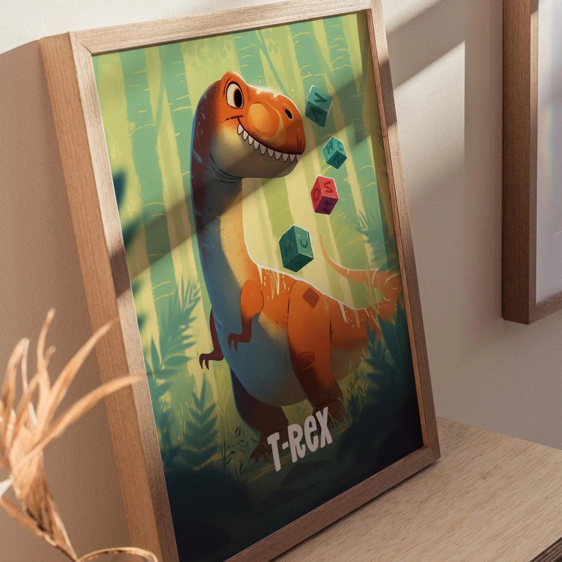 T-Rex Dinosaur Kids Bedroom Framed Wall Art | Friendly Jurassic Dino Theme Nursery Print | Tyrannosaurus Rex Boys Room Poster | Prehistoric Toddler Home Decor Illustration - Swell Scenes