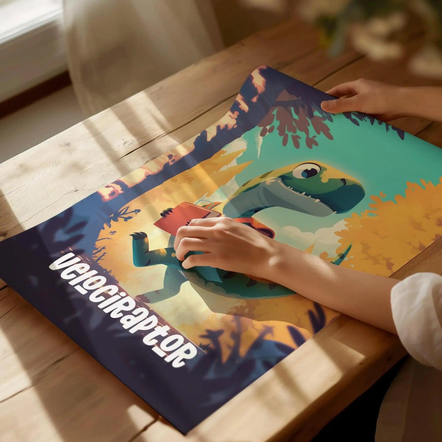 Velociraptor Dinosaur Kids Bedroom Framed Wall Art | Friendly Dino Theme Nursery Print | Jurassic Raptor Boys Room Poster | Prehistoric Toddler Home Decor Illustration - Swell Scenes