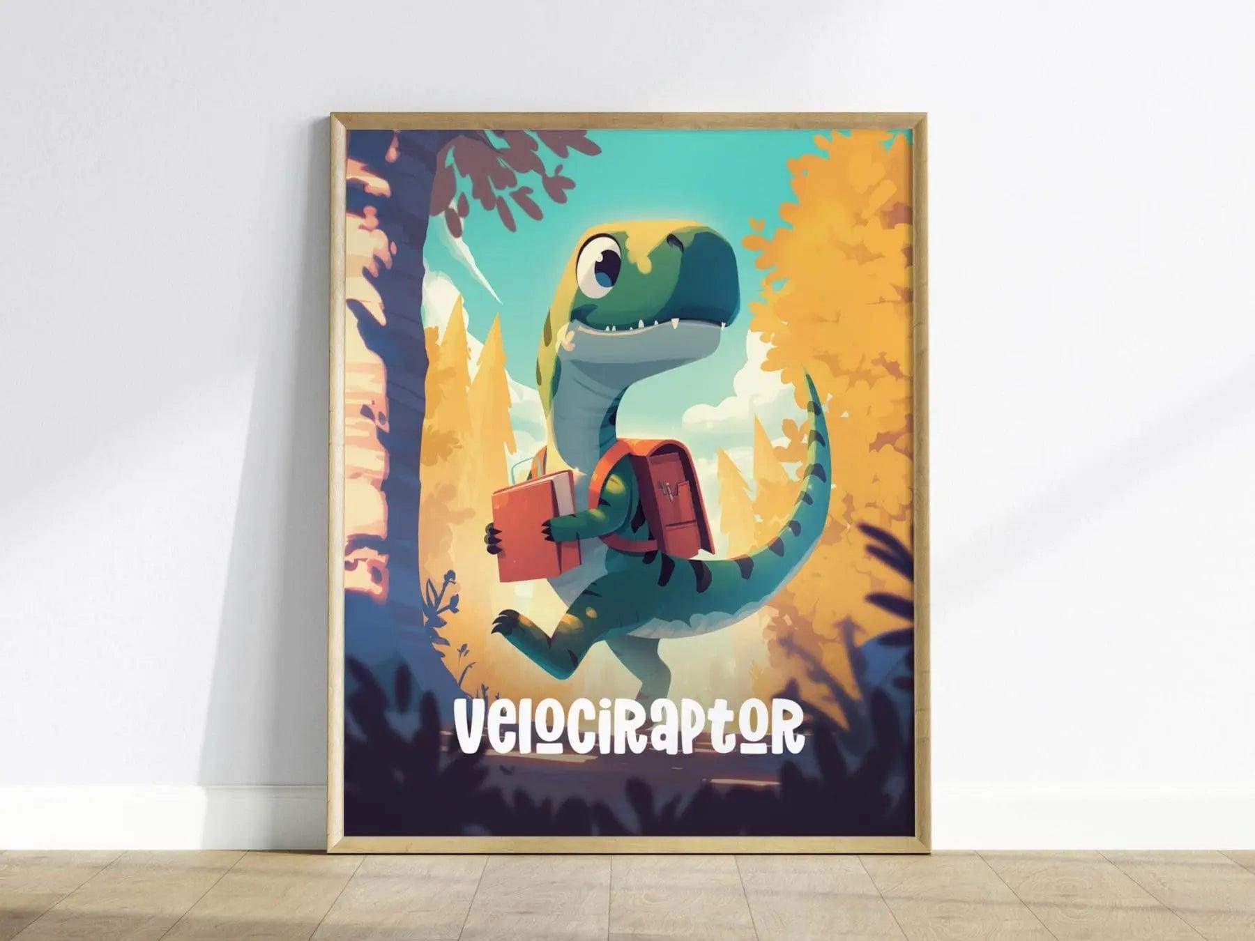 Velociraptor kids poster featuring friendly cartoon dinosaur with backpack for children's bedroom and nursery decor