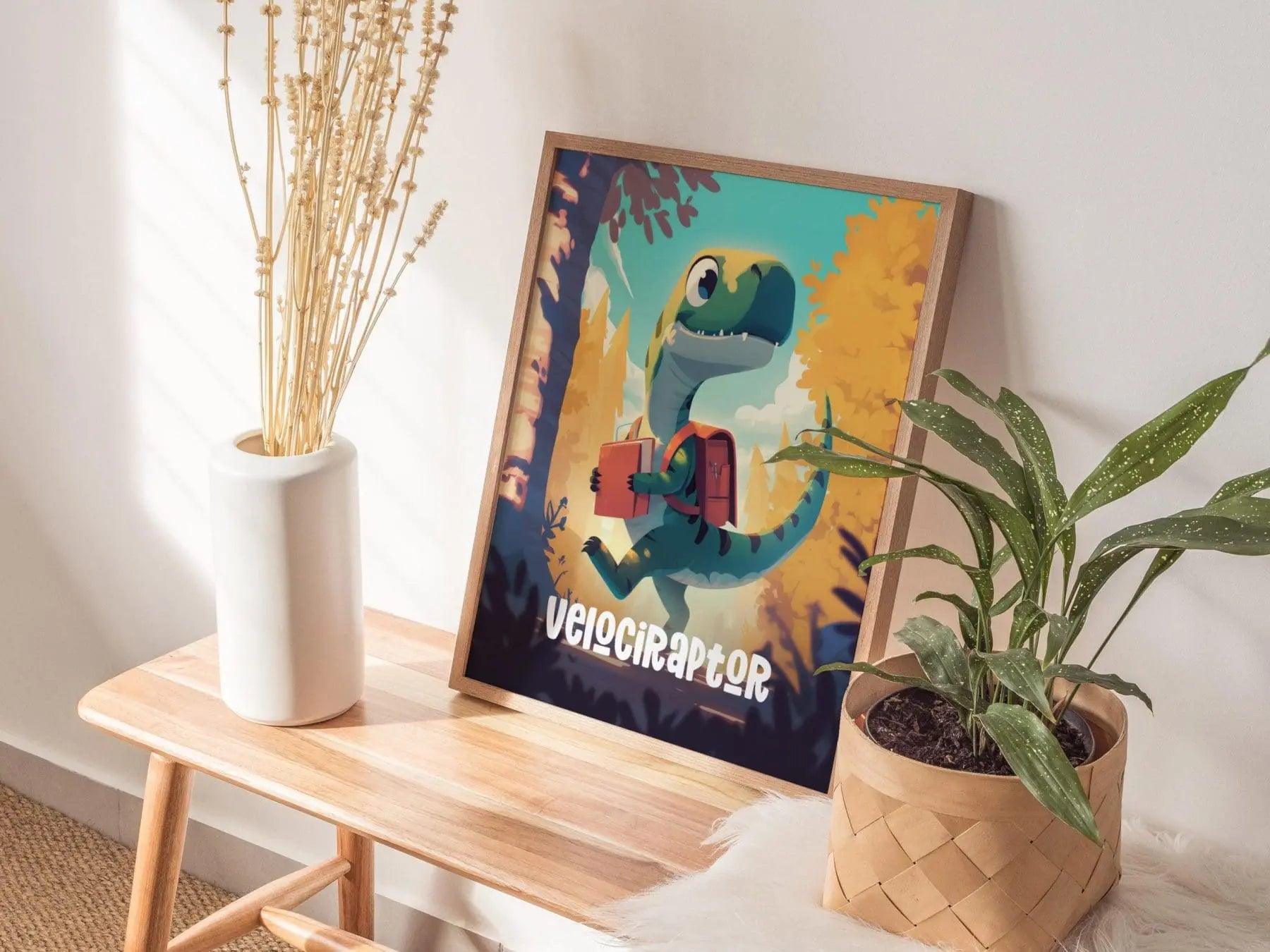 Velociraptor Dinosaur Kids Bedroom Framed Wall Art | Friendly Dino Theme Nursery Print | Jurassic Raptor Boys Room Poster | Prehistoric Toddler Home Decor Illustration - Swell Scenes