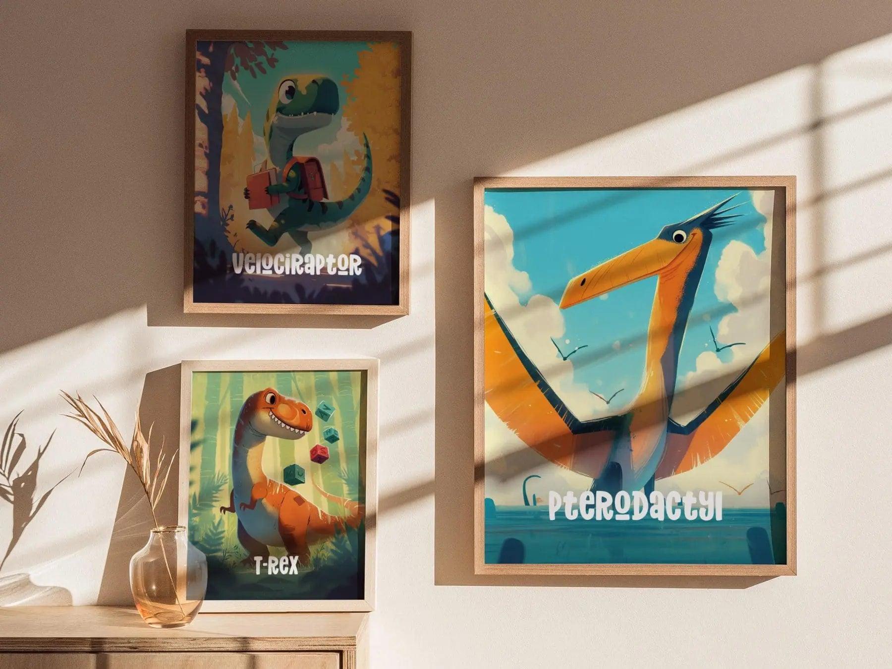 Pterodactyl Dinosaur Kids Bedroom Framed Wall Art | Friendly Dino Theme Nursery Print | Jurassic Boys Room Poster | Prehistoric Toddler Home Decor Illustration - Swell Scenes