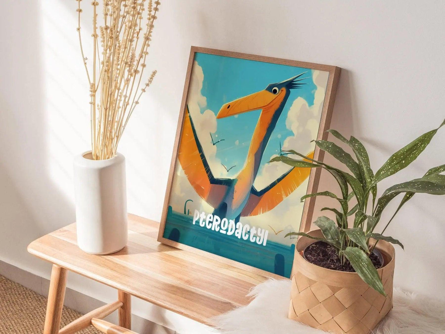 Pterodactyl Dinosaur Kids Bedroom Framed Wall Art | Friendly Dino Theme Nursery Print | Jurassic Boys Room Poster | Prehistoric Toddler Home Decor Illustration - Swell Scenes
