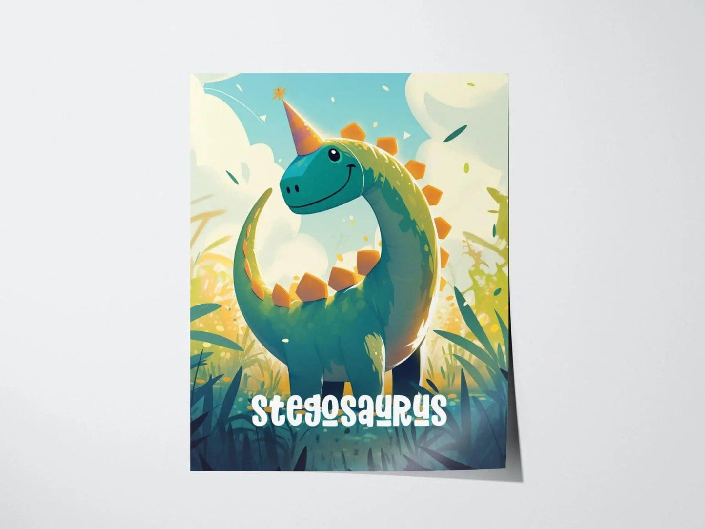 Stegosaurus Dinosaur Kids Bedroom Framed Wall Art | Friendly Dino Theme Nursery Print | Jurassic Boys Room Poster | Prehistoric Toddler Home Decor Illustration - Swell Scenes