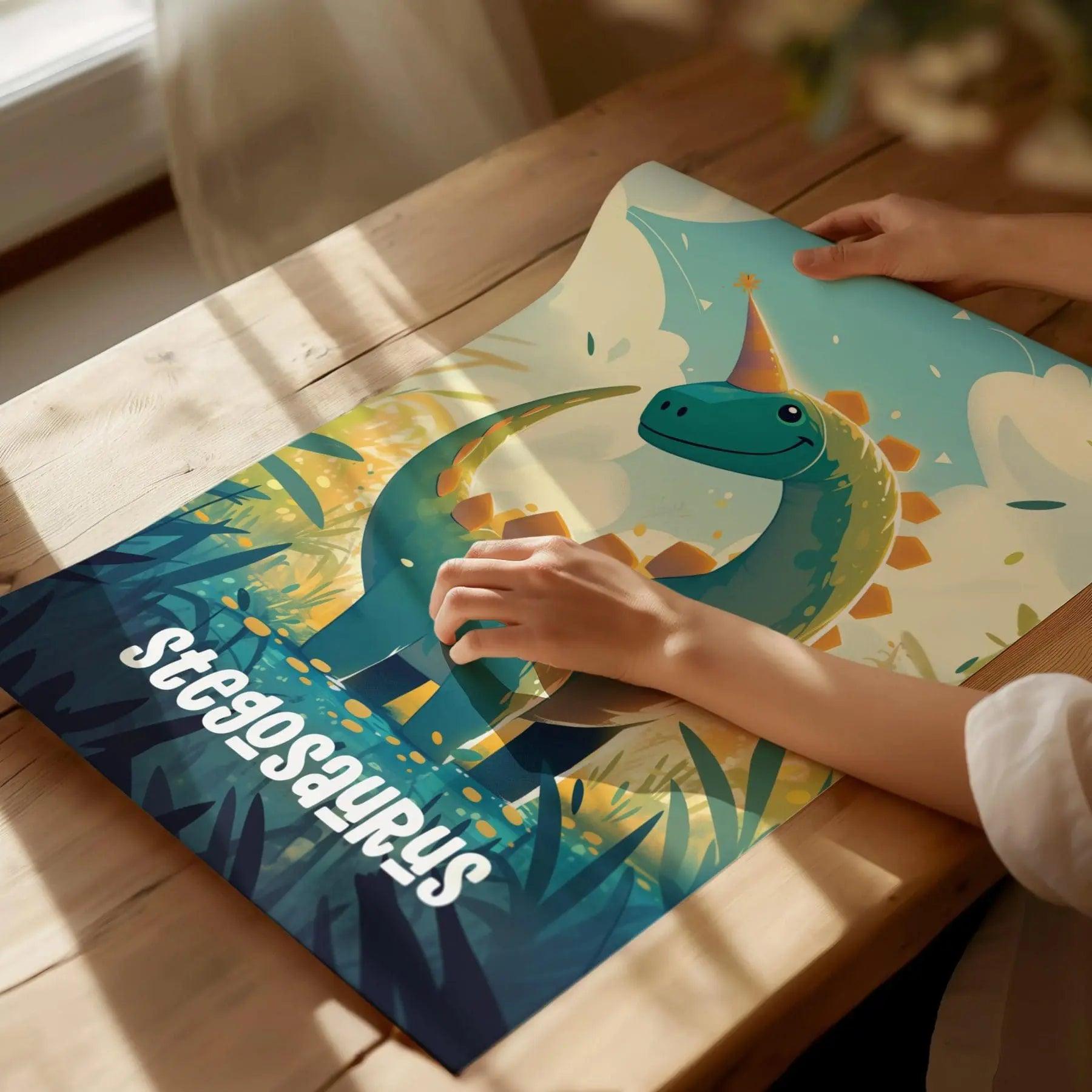 Stegosaurus Dinosaur Kids Bedroom Framed Wall Art | Friendly Dino Theme Nursery Print | Jurassic Boys Room Poster | Prehistoric Toddler Home Decor Illustration - Swell Scenes
