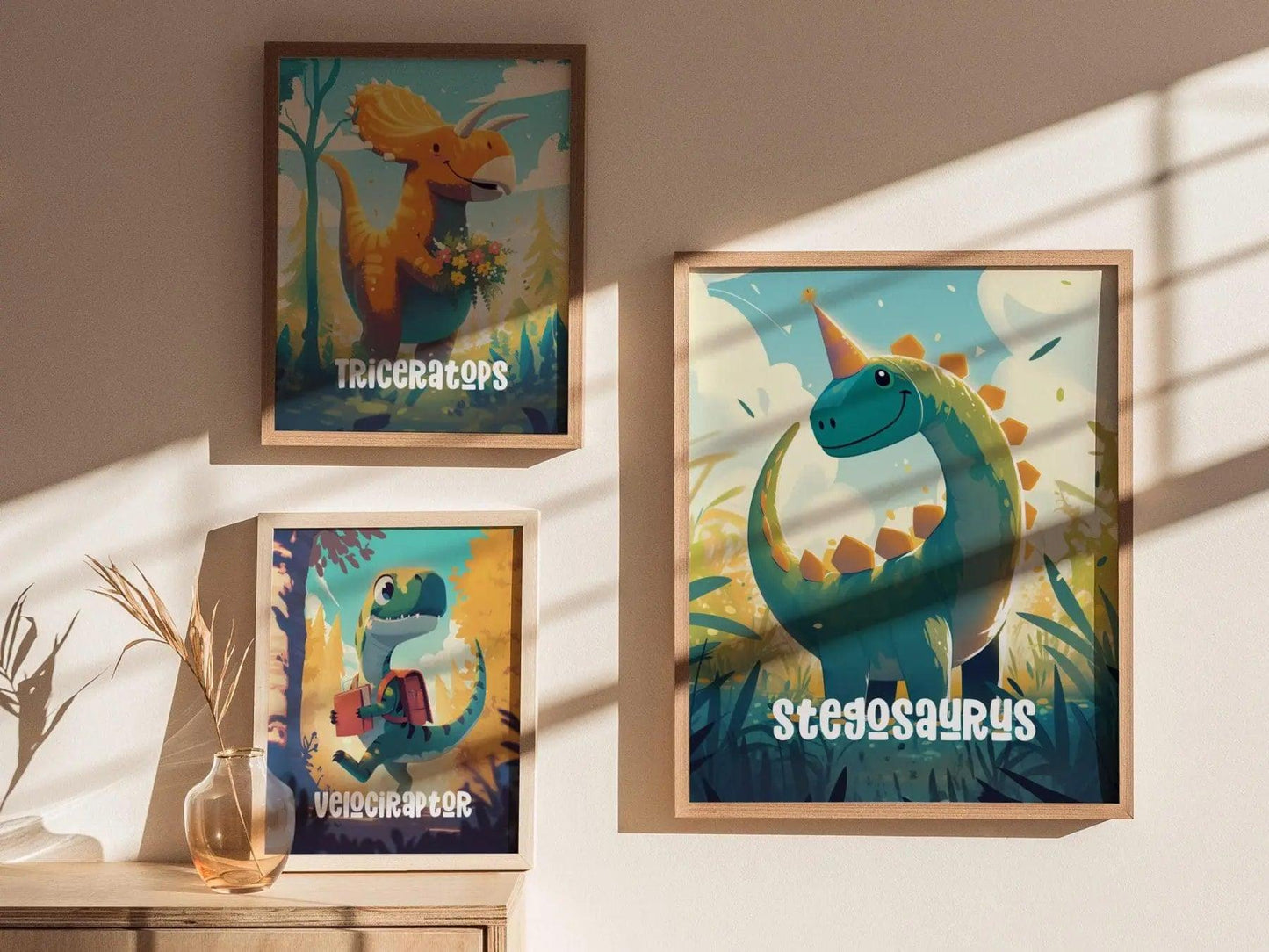 Stegosaurus Dinosaur Kids Bedroom Framed Wall Art | Friendly Dino Theme Nursery Print | Jurassic Boys Room Poster | Prehistoric Toddler Home Decor Illustration - Swell Scenes