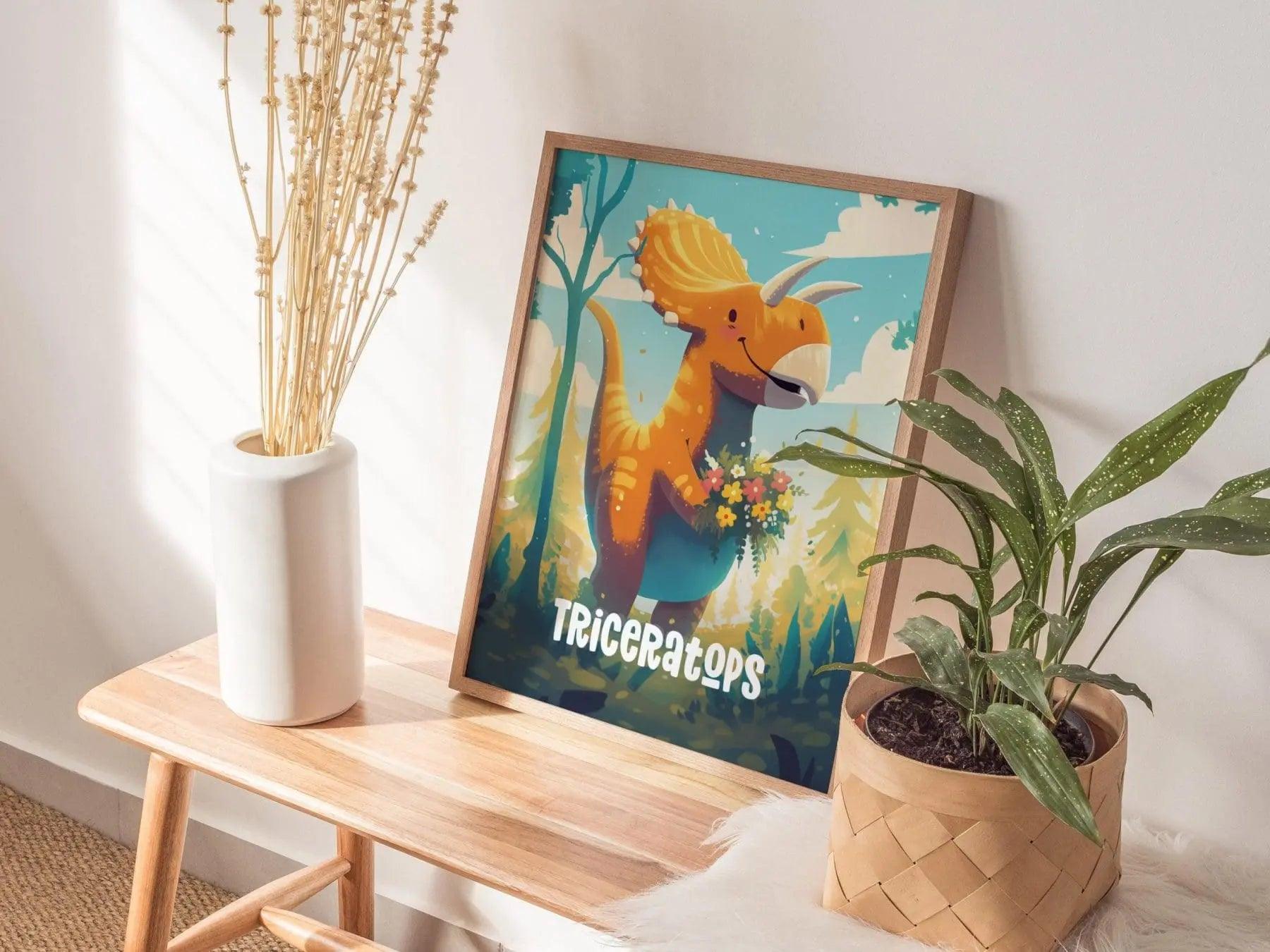 Natural wood framed Triceratops Adventure Dinos poster showing cartoon dinosaur kids playroom wall art