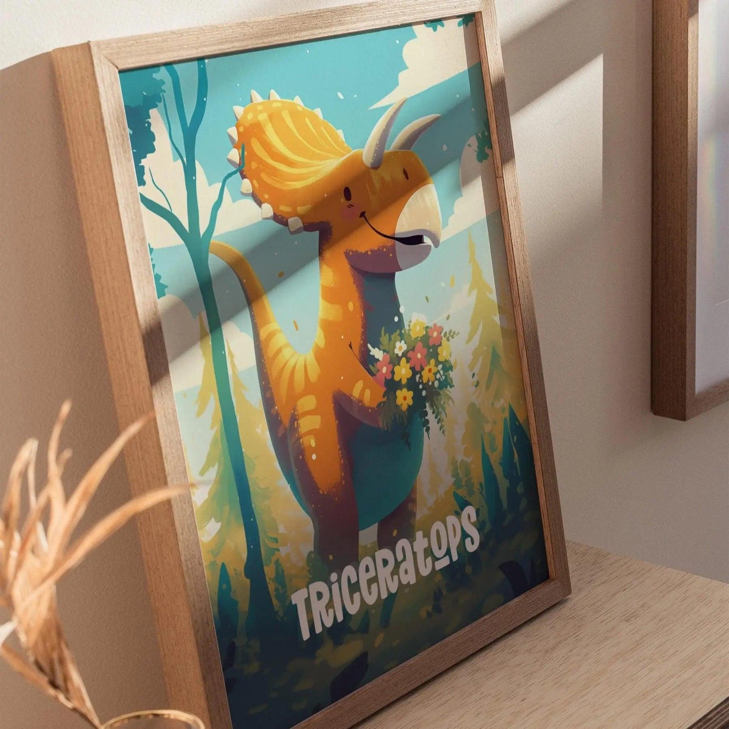 Natural wood framed Triceratops Adventure Dinos poster showing cartoon dinosaur kids playroom wall art